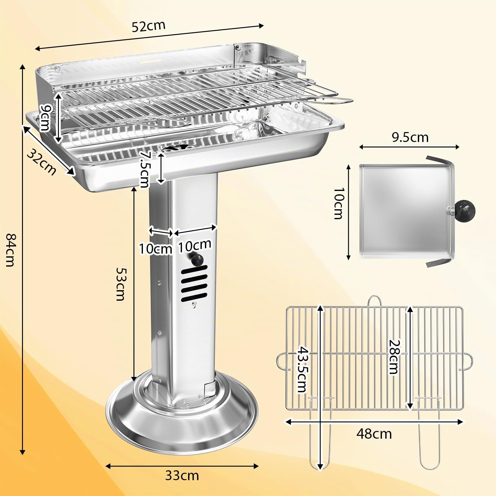 TLGREEN Barbecue a colonna in acciaio inox, Barbecue da esterno 52*32*84cm, Con griglia cromata, Cassetto cenere e ventilazione, Altezza regolabile in 3 posizioni, per Outdoor, Camping, BBQ, Spiagge