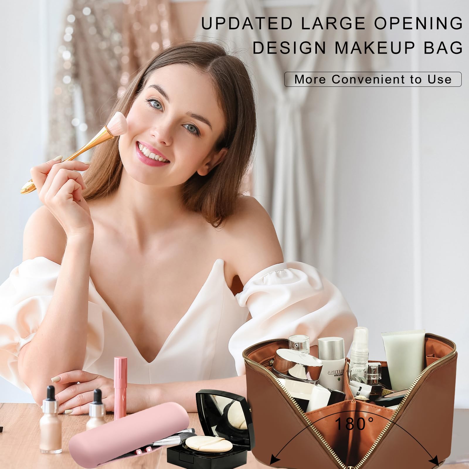 Neceser Maquillaje Grande de PU Cuero - Bolsa de Viaje XXL para Mujer - Organizador de Aseo y Makeup Bag - Accesorios de Viaje (Liso-Marrón)