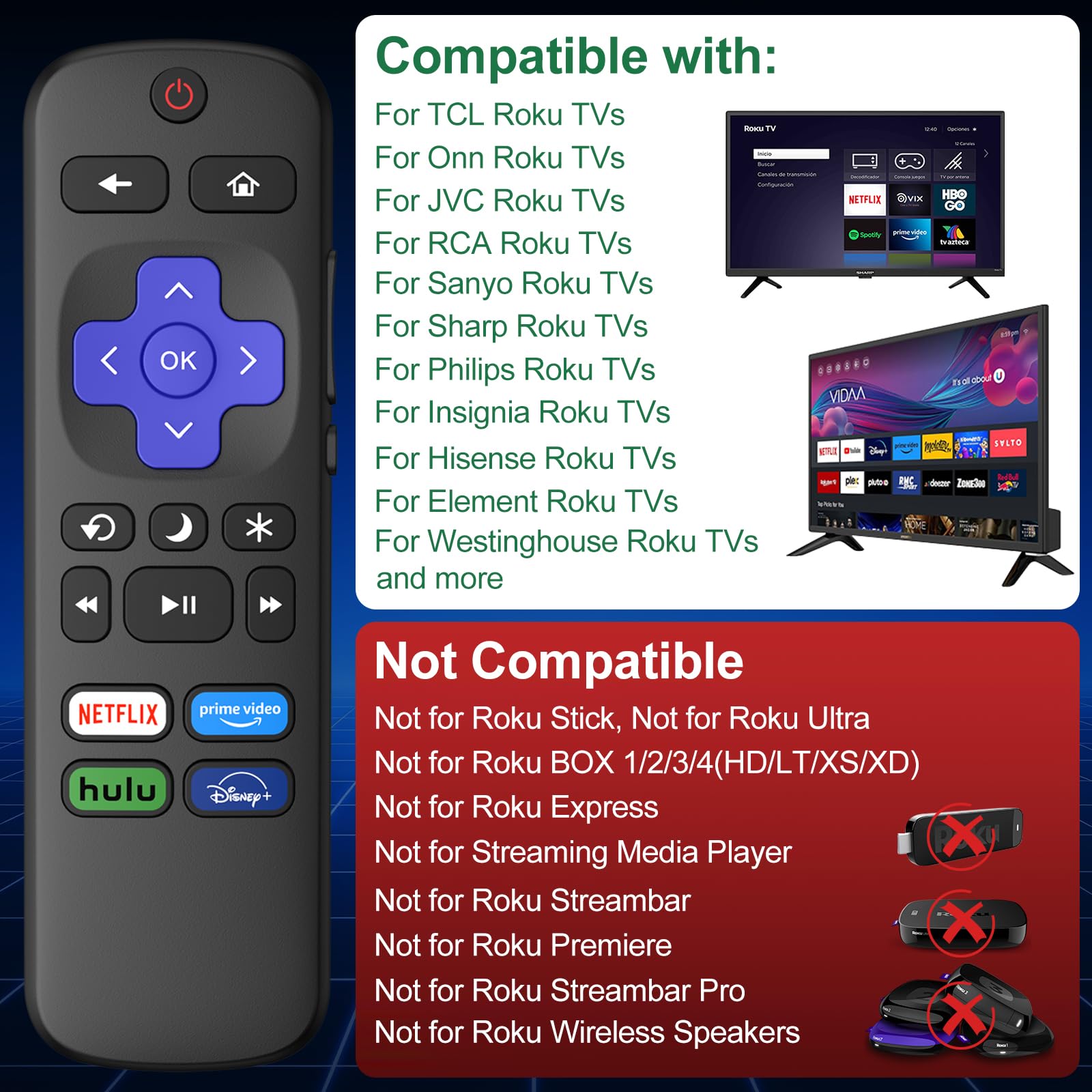 2 Pack Remote Control for Roku TV, Remote Replacement for TCL/Hisense/Sharp/Philips/JVC/RCA/Magnavox/Sanyo/LG/Haier ROKU TVs with Netflix Disney+/Hulu/Prime Video Buttons - 3