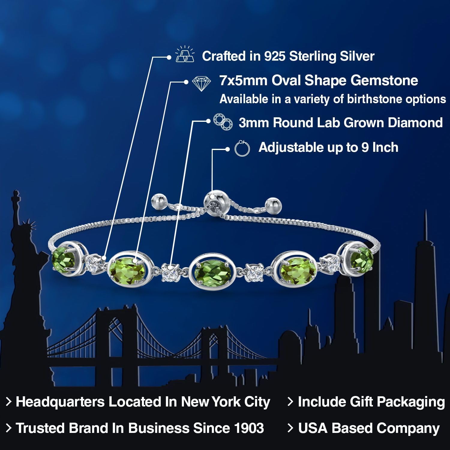 Gem Stone King 925 Sterling Silver Green Tourmaline and Green Peridot and Lab Grown Diamond Bracelet For Women | 4.30 Cttw | Gemstone October Birthstone | Oval 7X5MM | Fully Adjustable 9 Inch - Image 2