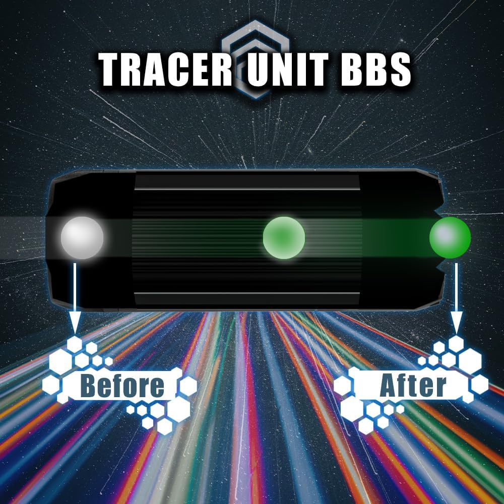Diagram illustrating the tracer effect on BBs, showing a standard BB before and a glowing green BB after passing through the tracer unit.