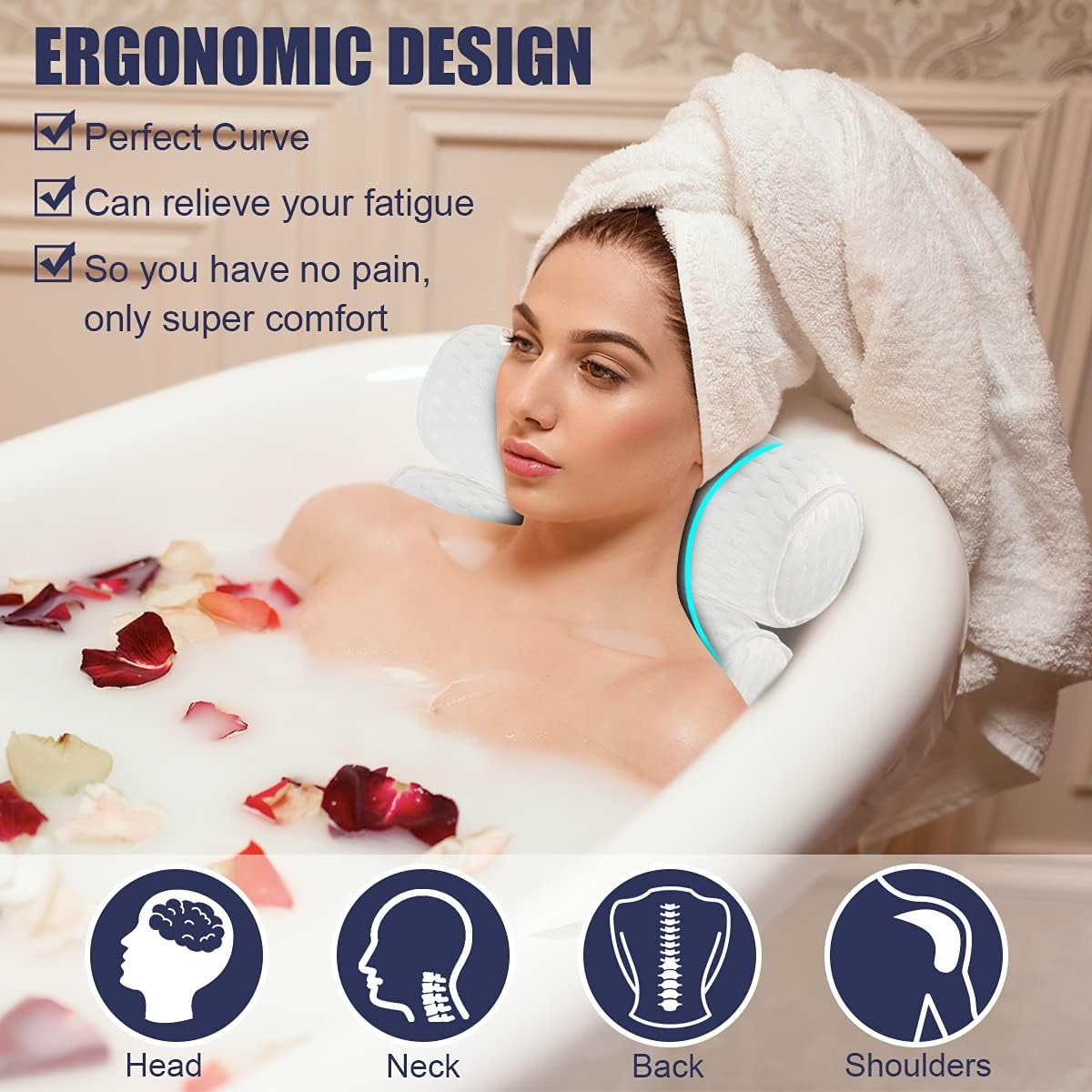 ULTRGEE Ergonomic Bath Pillow with 4 Bath Bombs Gift Set - 7 Supports for Neck and Back - Comfy Bathtub Pillows for Relaxation with 4D Technology- Spa Hot Tub Cushion Luxury Bath Accessories (White)
