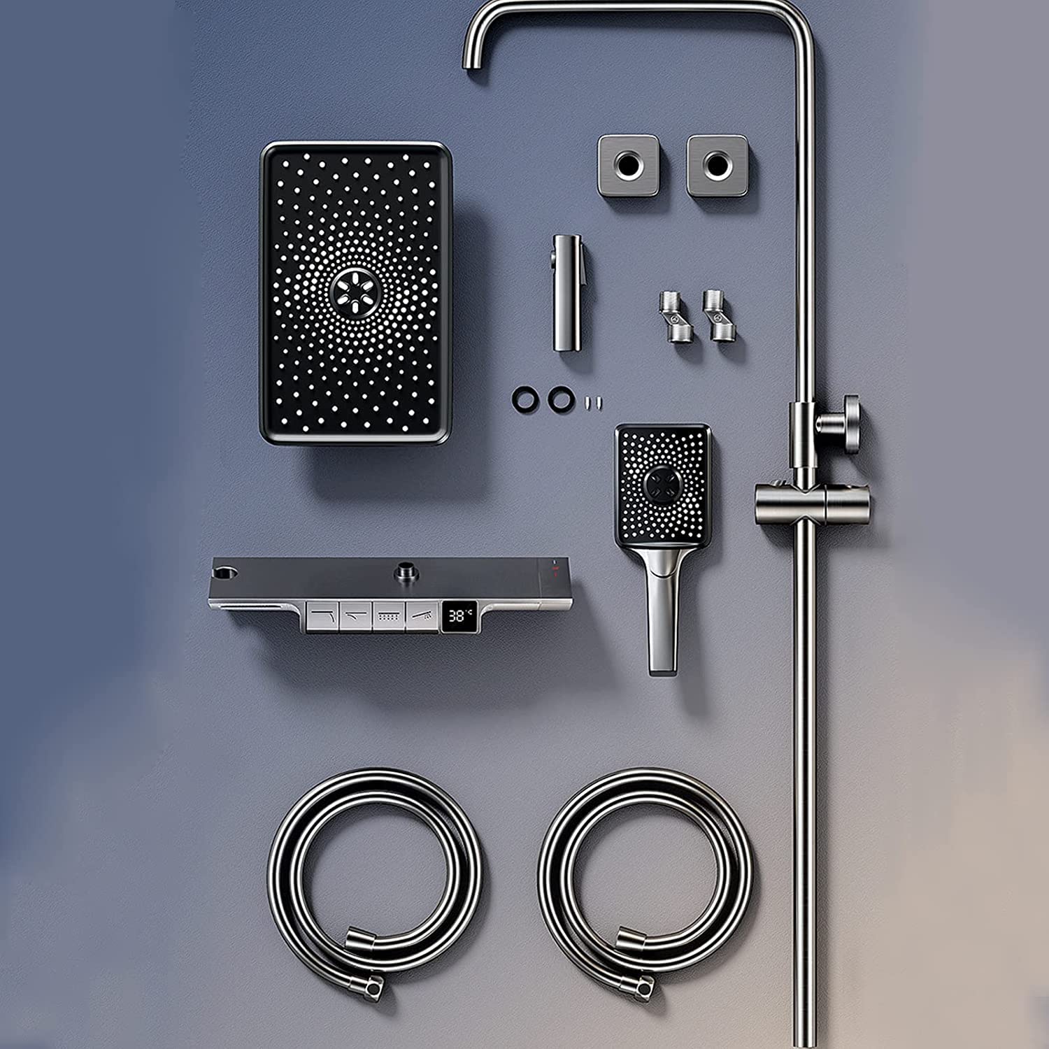 Set Doccia termostatico, Set Rubinetto a Parete, soffione a Pioggia con doccetta, beccuccio per Vasca, doccetta per Bidet e Kit di valvola con visualizzazione della Temperatura