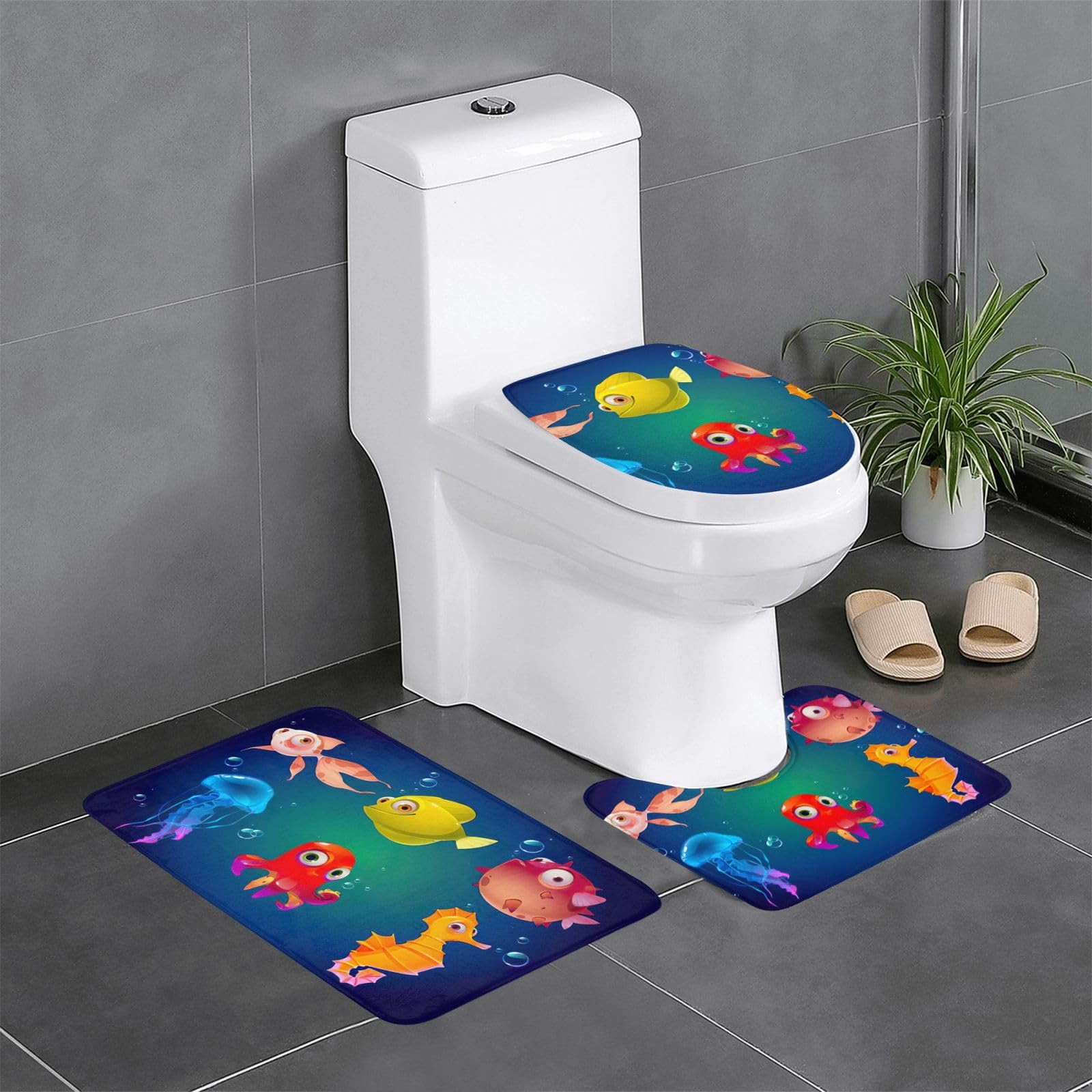 Tapis de bain antidérapants motif vie marine | Lot de 3 lavables en forme de U pour douche