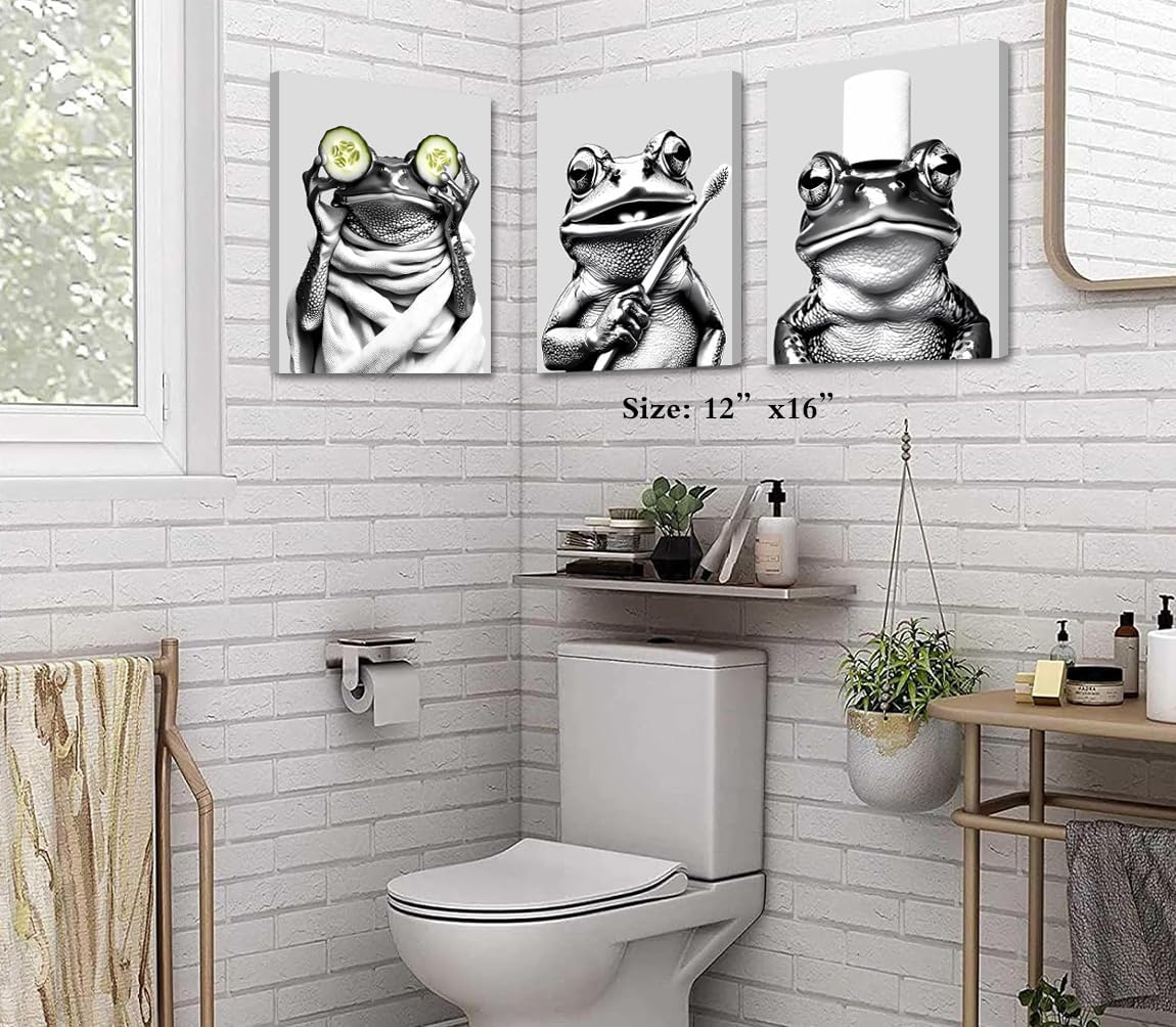 Framed Funny Frog Bathroom Wall Art Prints,Black and White Canvas Art Print,Kid's Room Wall Art,Toilet Humor Adorable Frog Canvas Prints for Bathroom Kitchen Wall Decor Set of 3(12"x16")