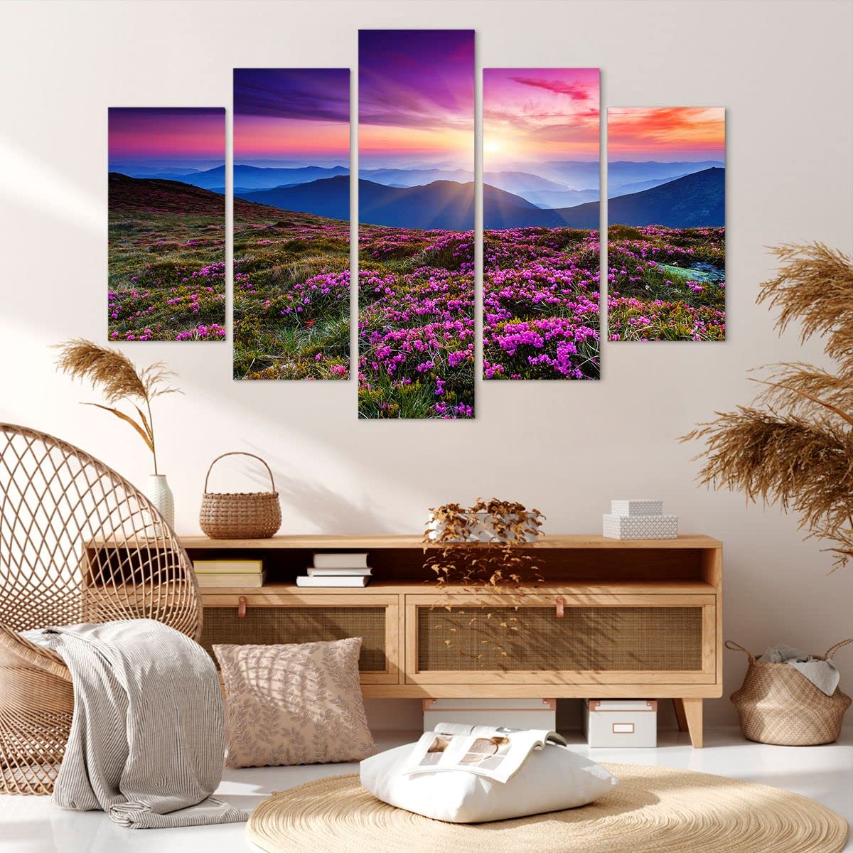 Tableau Triptyque Coucher De Soleil Islande - 160x85 Cm - Impression Sur Toile - 5 Panneaux