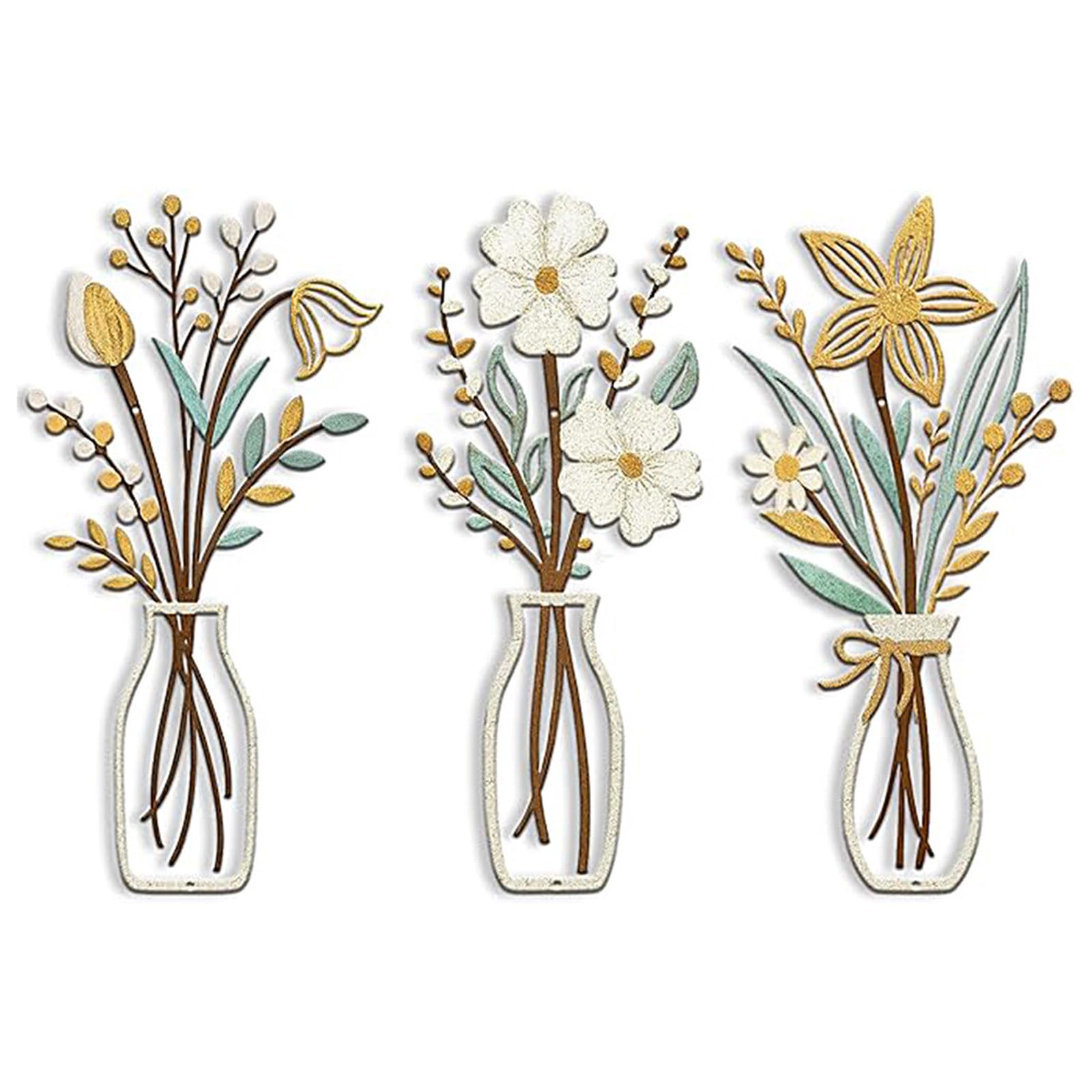 Mekalero 3Pieces Metal Flowers Wall Art Rustics Farmhouse Styles Decors Flower Wall Hanging Sculptures Housewarming Women Rustics Farmhouse Decors for Living Room