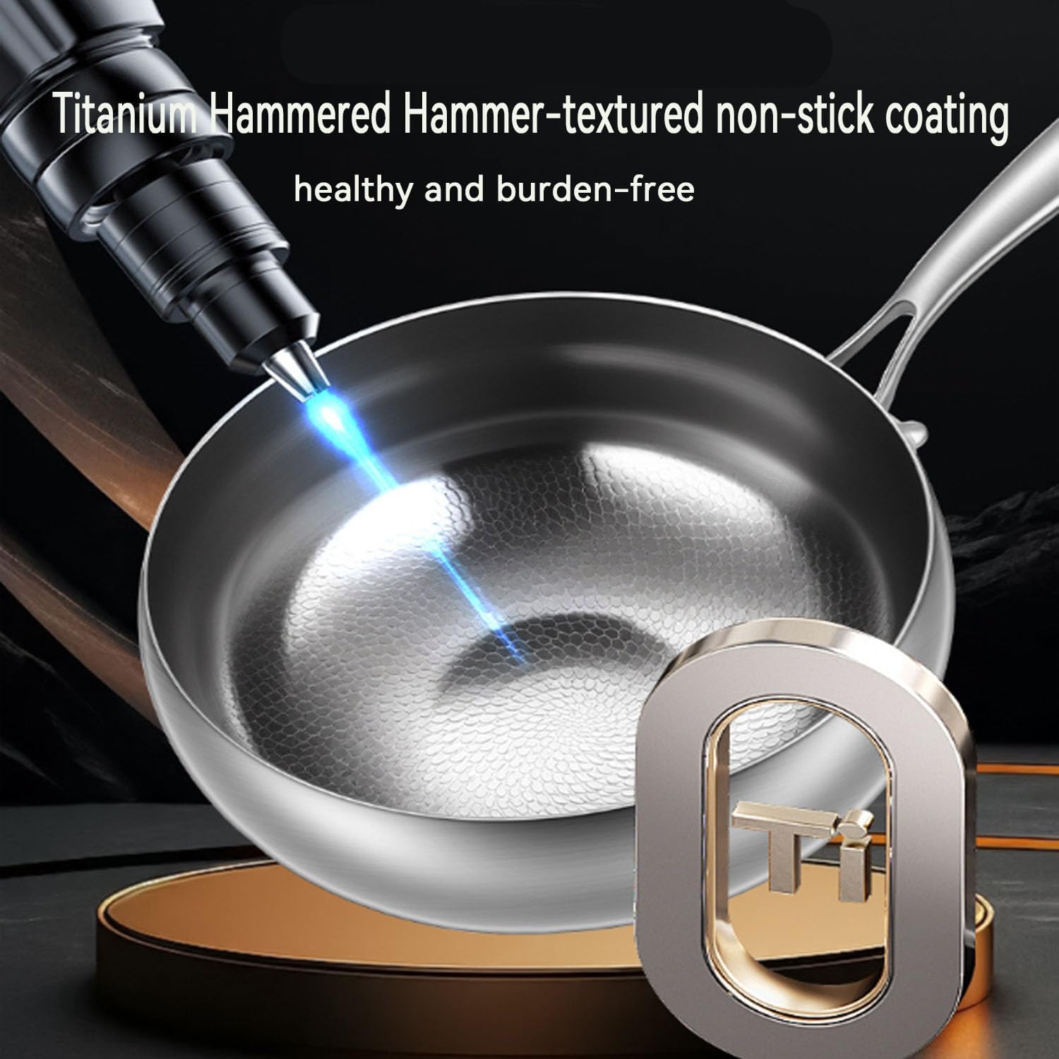 Titanium Hammered Pan with Lid, Thickened Multi-Layer Stock Pot, Titanium Wok Pan, Scratch-Resistant Non Stick Titanium Frying Pans, Even Heating for Cooking,9.44in/lid
