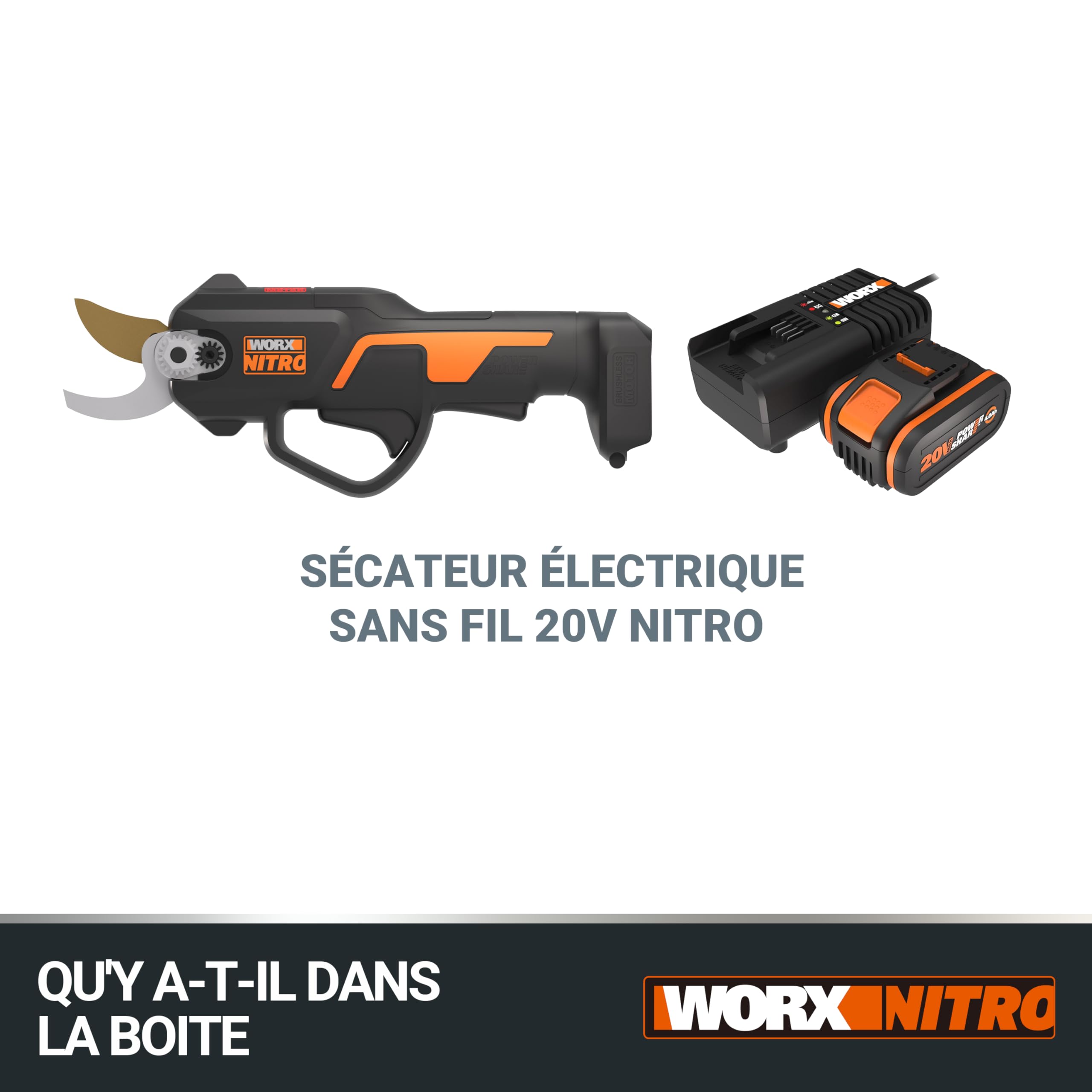 PACK WORX NITRO Sécateur sans Fil 20V WG330E + Kit batterie 4Ah, chargeur rapide, Brushless, Coupe 25 mm, 1500 coupes en une charge, double protection, compact et léger,Lames haute résistance SK5
