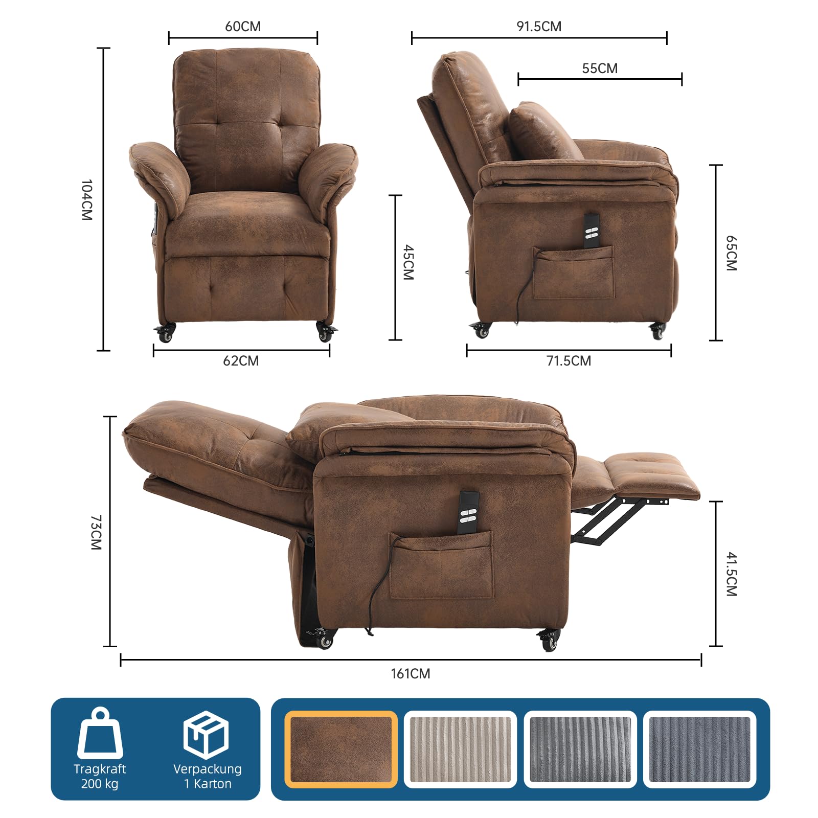 2 Motoren Elektrischer Relaxsessel, Fernsehsessel mit Liegefunktion, TV Sessel Wohnzimmer mit Rollen, Verstellbarer Rückenlehne & Fußstütze, 2 Seitentaschen, Recliner Chair, Braun Flockleder