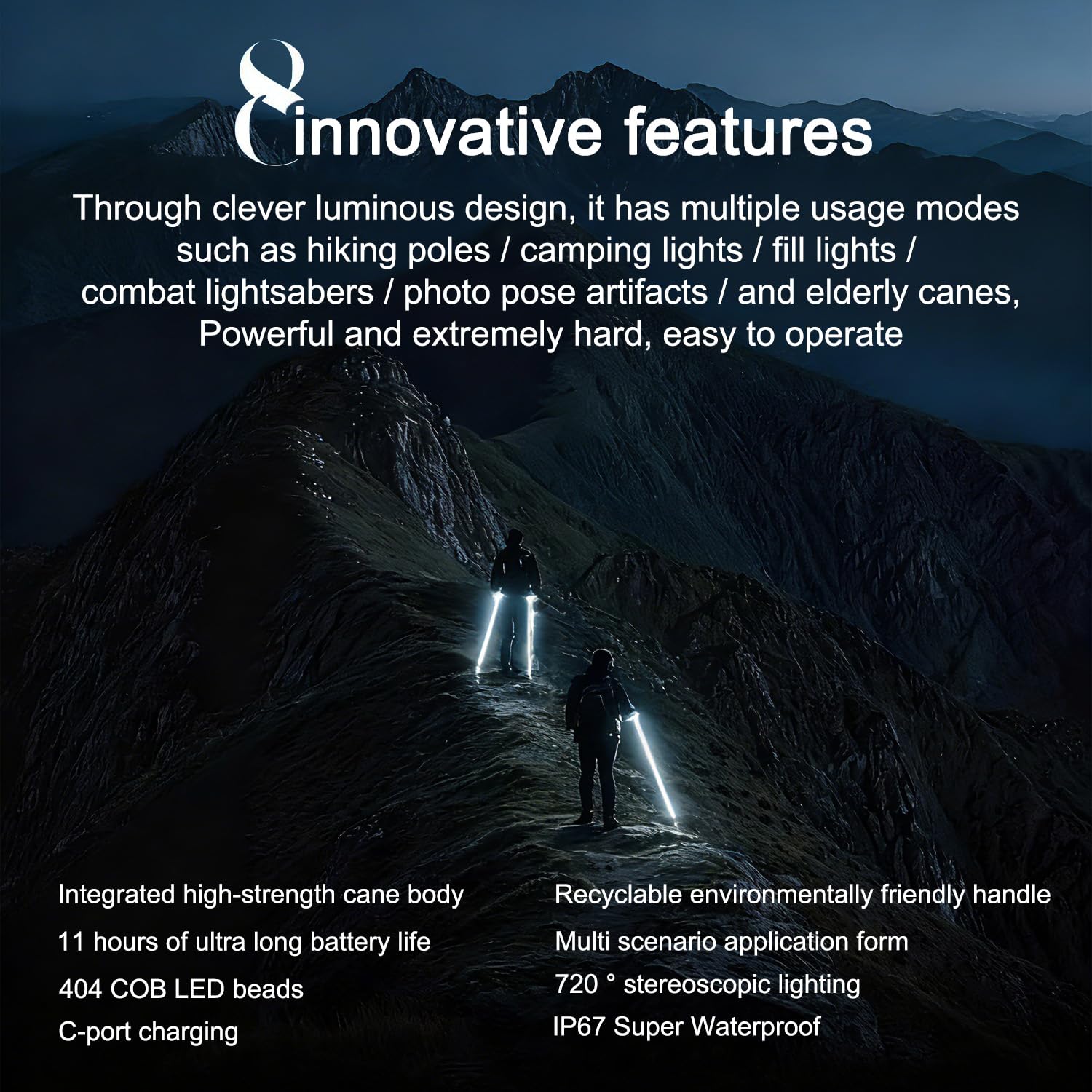 Bastón de senderismo luminoso LED Glow 2026 | Bastón de senderismo iluminado 8H, agarre antideslizante, supervivencia táctica para camping, mochileros, montañismo