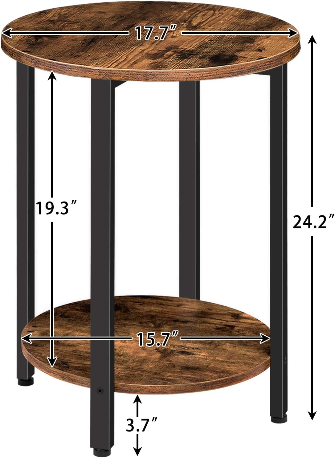 HOOBRO Round Side Table, Sofa Couch Table with Storage Shelf, 2-Layer Industrial End Table, Stable Metal Frame, Wood Look Accent Table for Small Spaces, Living Room, Bedroom, Rustic Brown BF58BZ01
