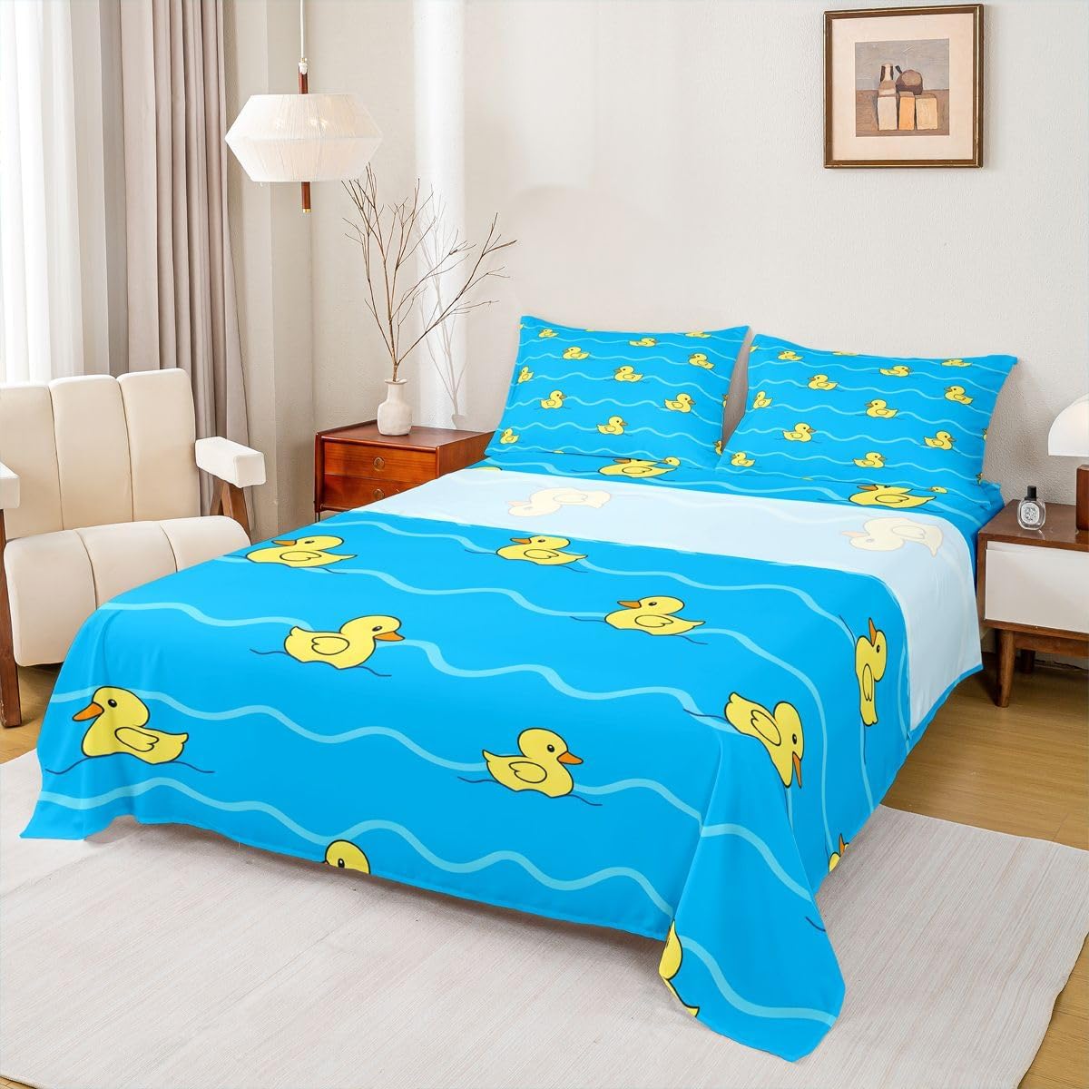Erosebridal Yellow Rubber Duck Sheet Set Cute Pet Animal Twin Sheets Set for Toddler Boys,Geometric Stripes Funny Swimming Duck Fitted Sheet