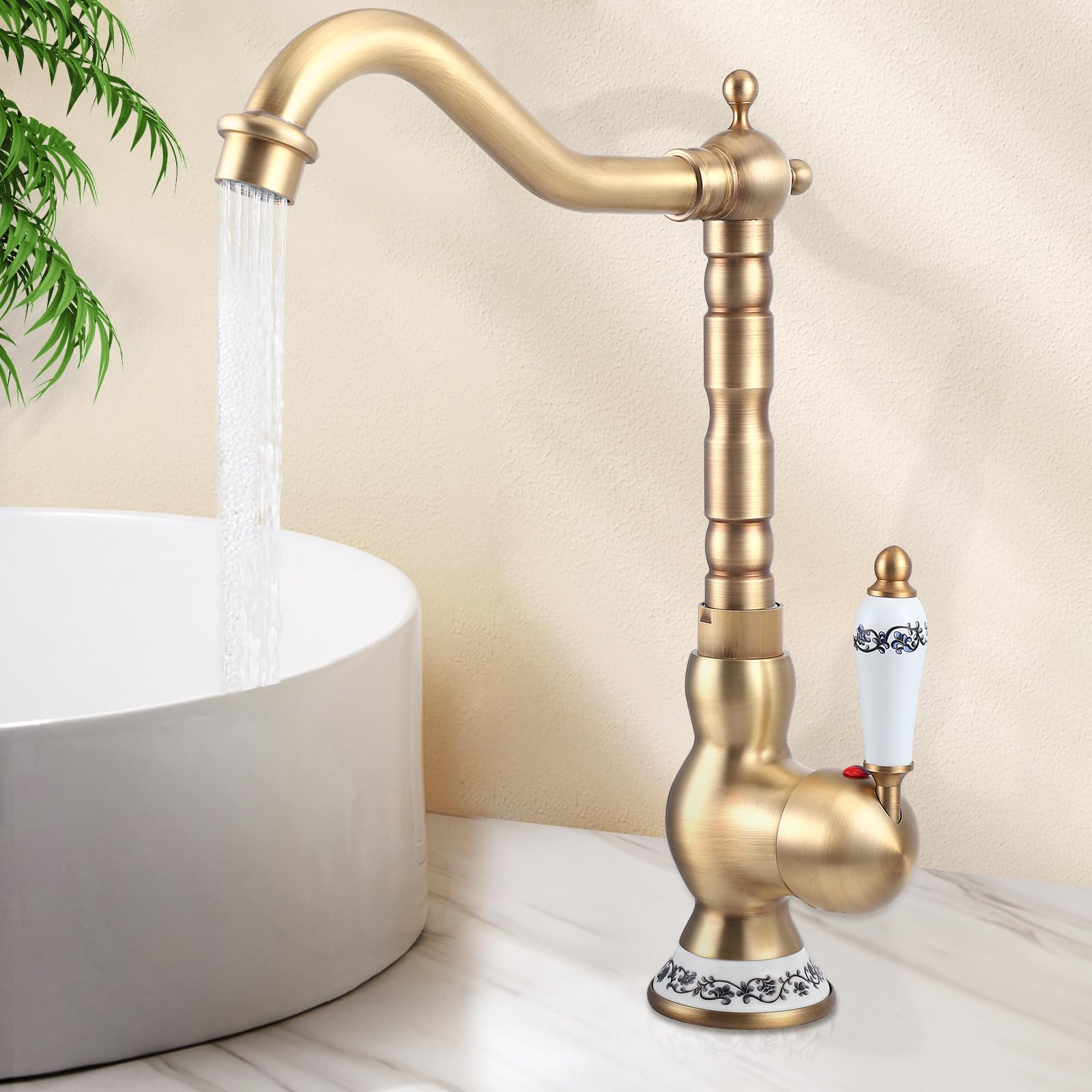 Rubinetto Cucina Ottone Antico Monocomando,Rubinetto Bagno Lavabo Vintage Monocomando in Ceramica,rubinetti stile antico,Calda e Fredda del Rubinettoda Cucina O In Bagno,Girevole a 360°,Bronzo