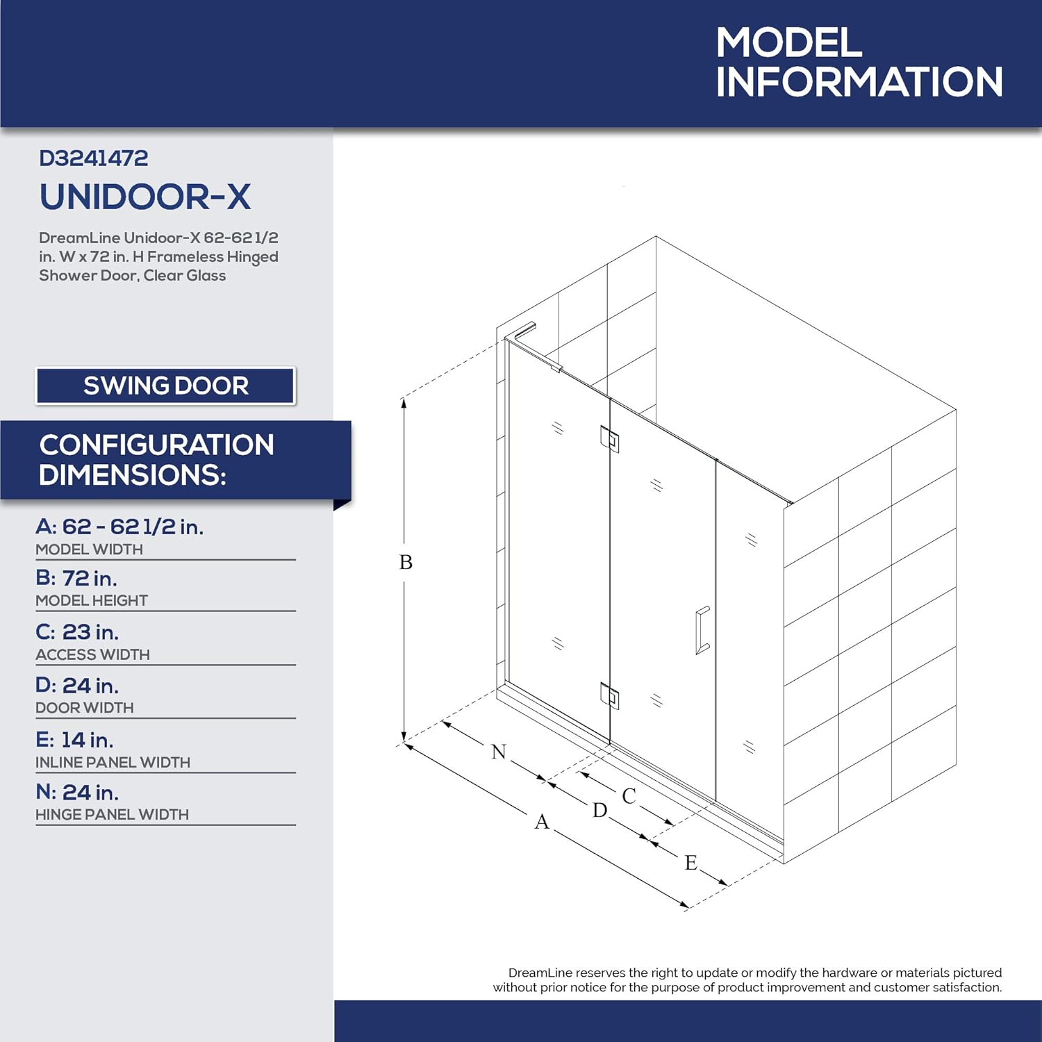 DreamLine Unidoor-X 62 - 62 1/2 inch W x 72 inch H Frameless Hinged Shower Door in Oil Rubbed Bronze - Left Wall Installation