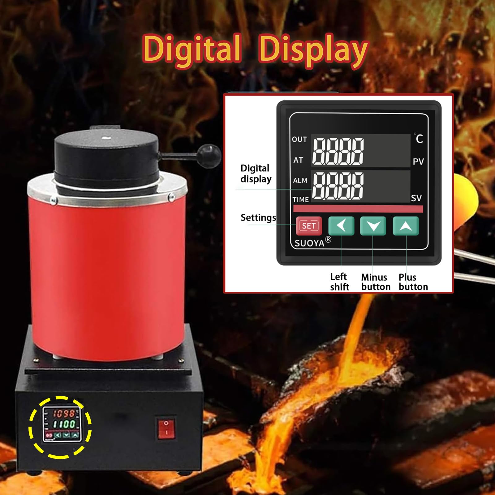 Horno Eléctrico Para Fundir Oro,Máquina Fundición Metales Digital De 1150 ℃,Con Crisol Grafito,Guantes Aislantes Del Calor,Pinzas Para Crisol,Para Chatarra Fundida,Plata,Oro,1500 W Red-1kg