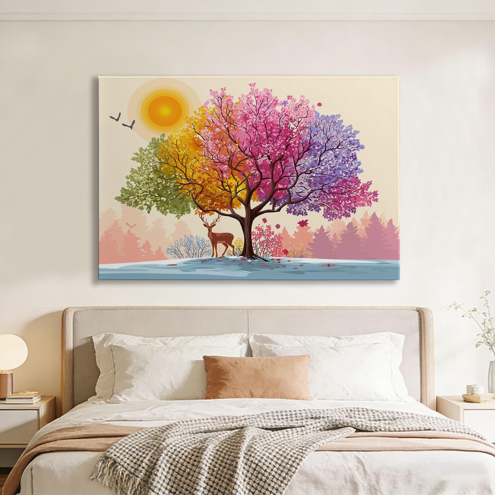 Wandbilder Wohnzimmer, 120 x 80 cm Vier Jahreszeiten Baum Hirsch Leinwand Bilder, Natur Schlafzimmer Aesthetic Büro Flur Esszimmer Treppe Arbeitszimmer, Bunt 1 Teilig Leinwandbilder