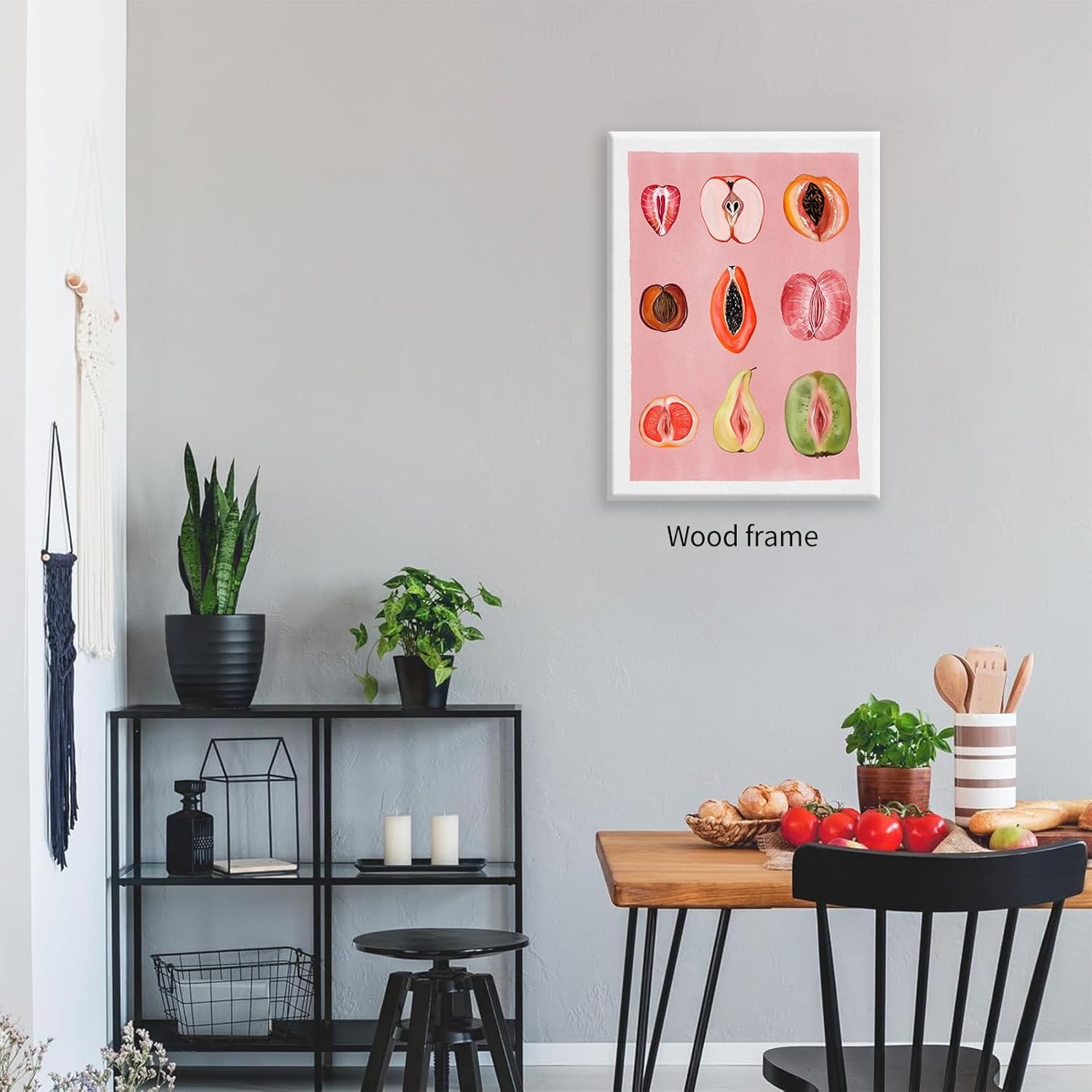 Pink Fruity Sliced Wall Art Vintage Funky Fruit Food Poster Woman Body Positivity Art Prints 12X16 inch Framed Sliced Feminine Paintings Picture for Kitchen Bedroom Wall Decor