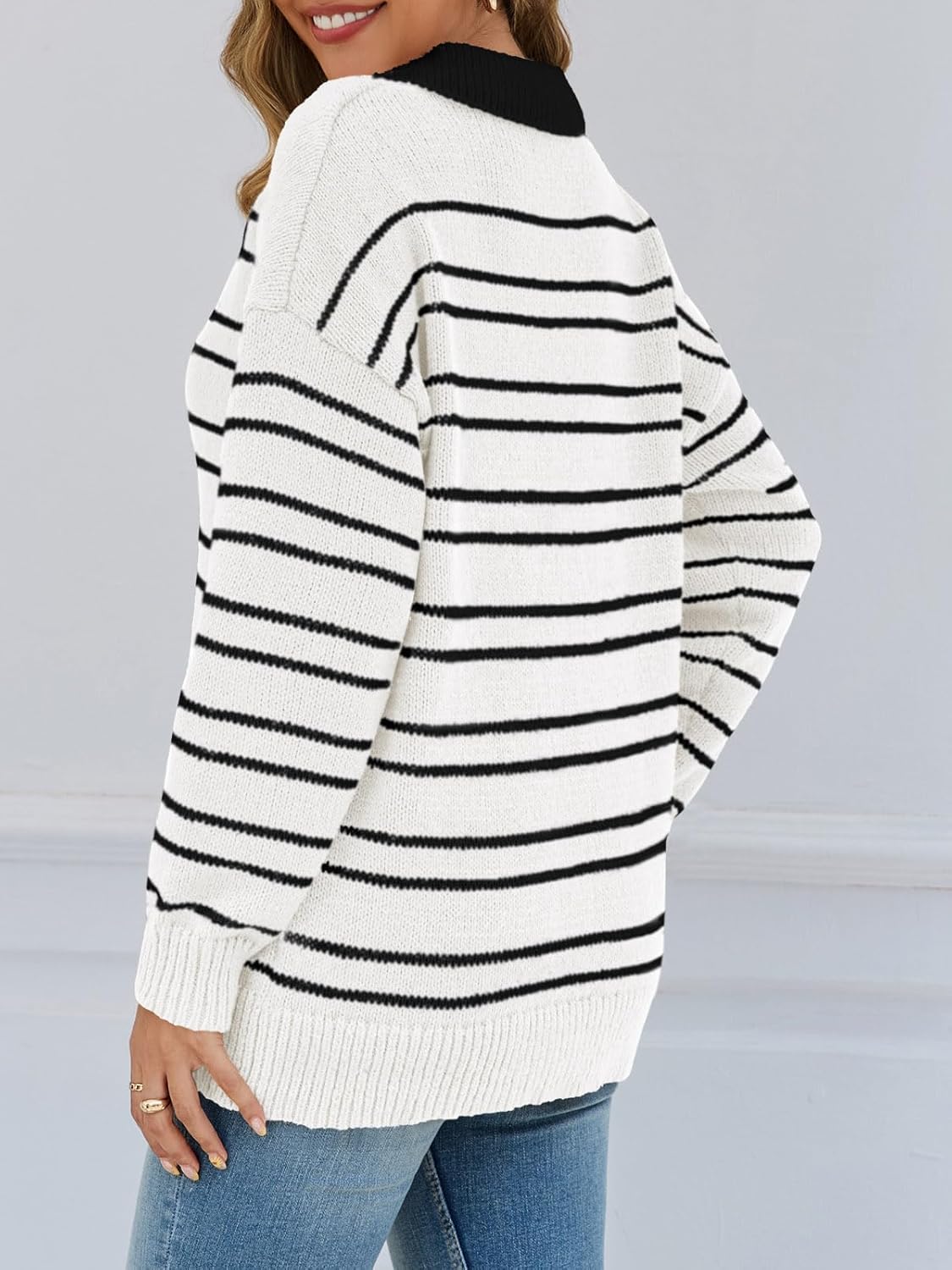 Saodimallsu Womens Striped Sweaters Button Collared Polo Shirts Oversized Long Sleeve Chunky Knit Trendy Pullover Tops - Image 5