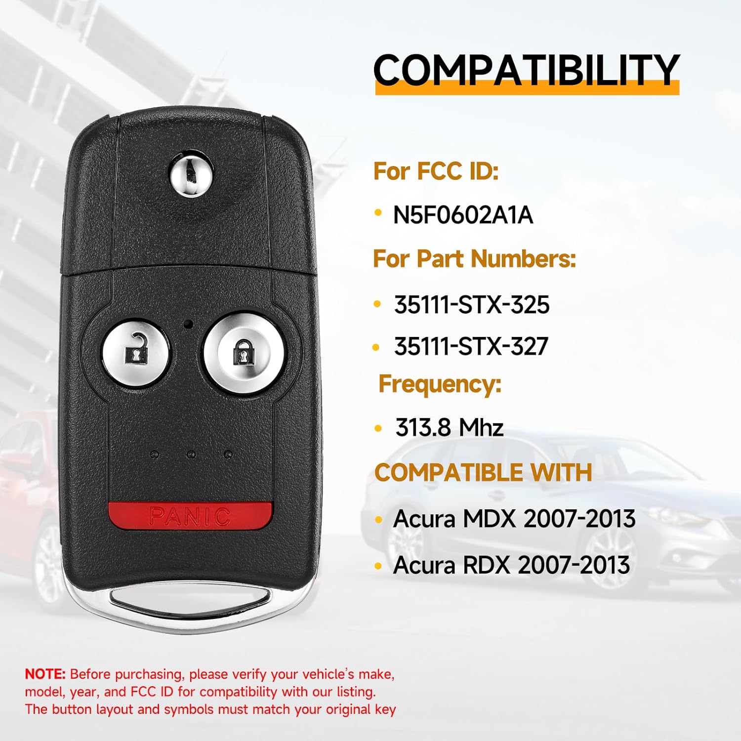 Key Fob Replacement Fits for Acura MDX RDX 2007-2013 Proximity Smart Car Keyless Entry Remote Control 313.8Mhz N5F0602A1A 35111-STX-325