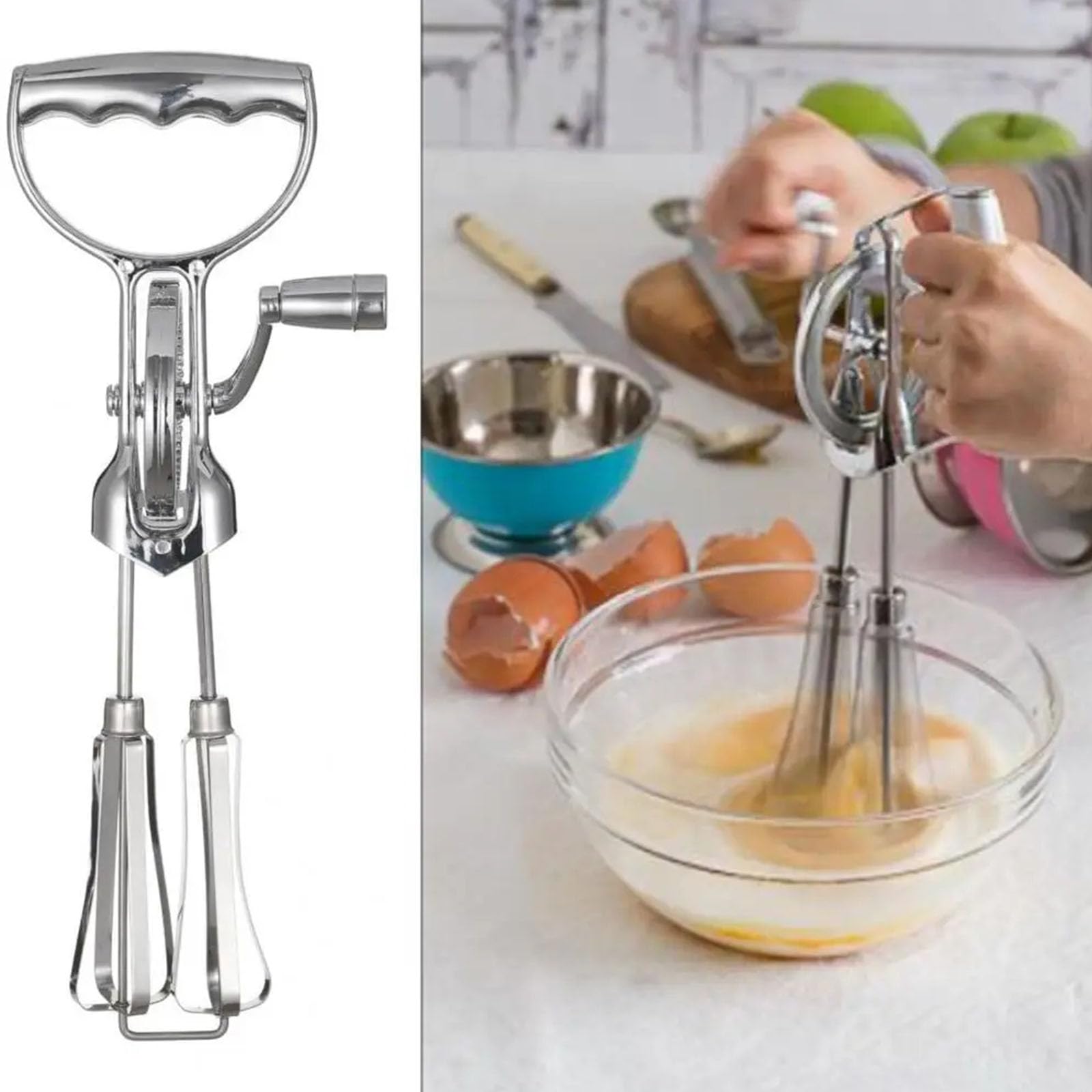 Fruste per uova rotanti con testa, collezione 4, con accessori in silicone, per mescolare senza sforzo fruste in acciaio antiruggine, set da cucina essenziale