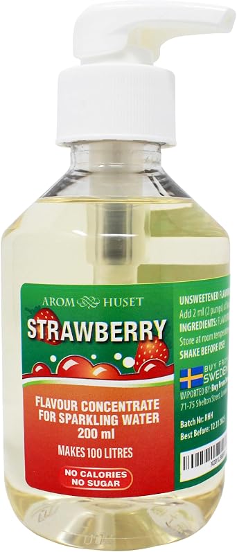 Aromhuset Strawberries Water Drops 200 ml   Pump Bottle   Makes 100 Litres with 1500   Zero Sugar & No Calories - Just Add 2 Pumps to 1 Litre Sparkling Water
