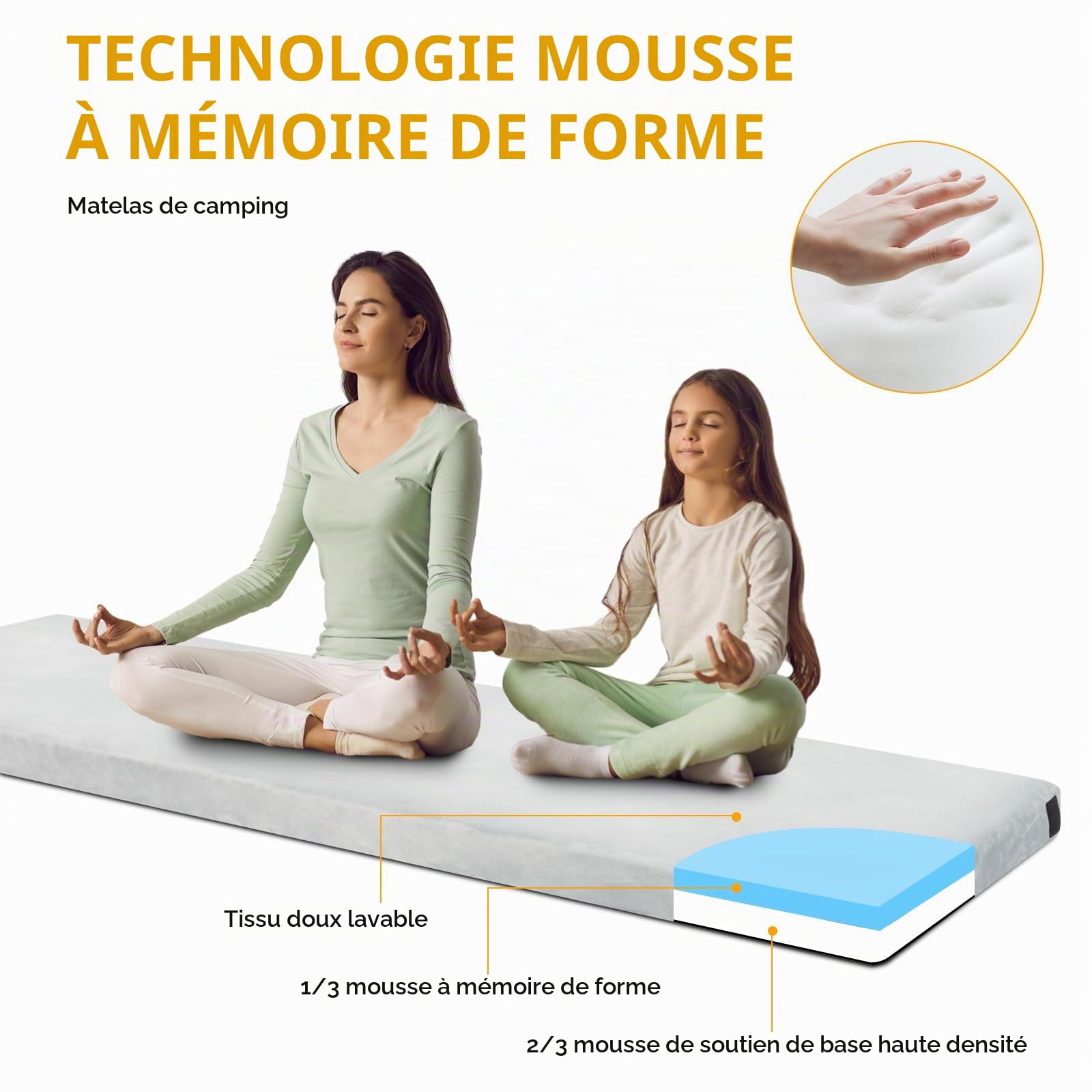 Outvita CertiPUR-US Matelas de camping portable de 6,3 cm, matelas de camping en mousse à mémoire de forme, lit de sol enroulable pour tente, berceau, camion, voiture, voyage en plein air avec sac