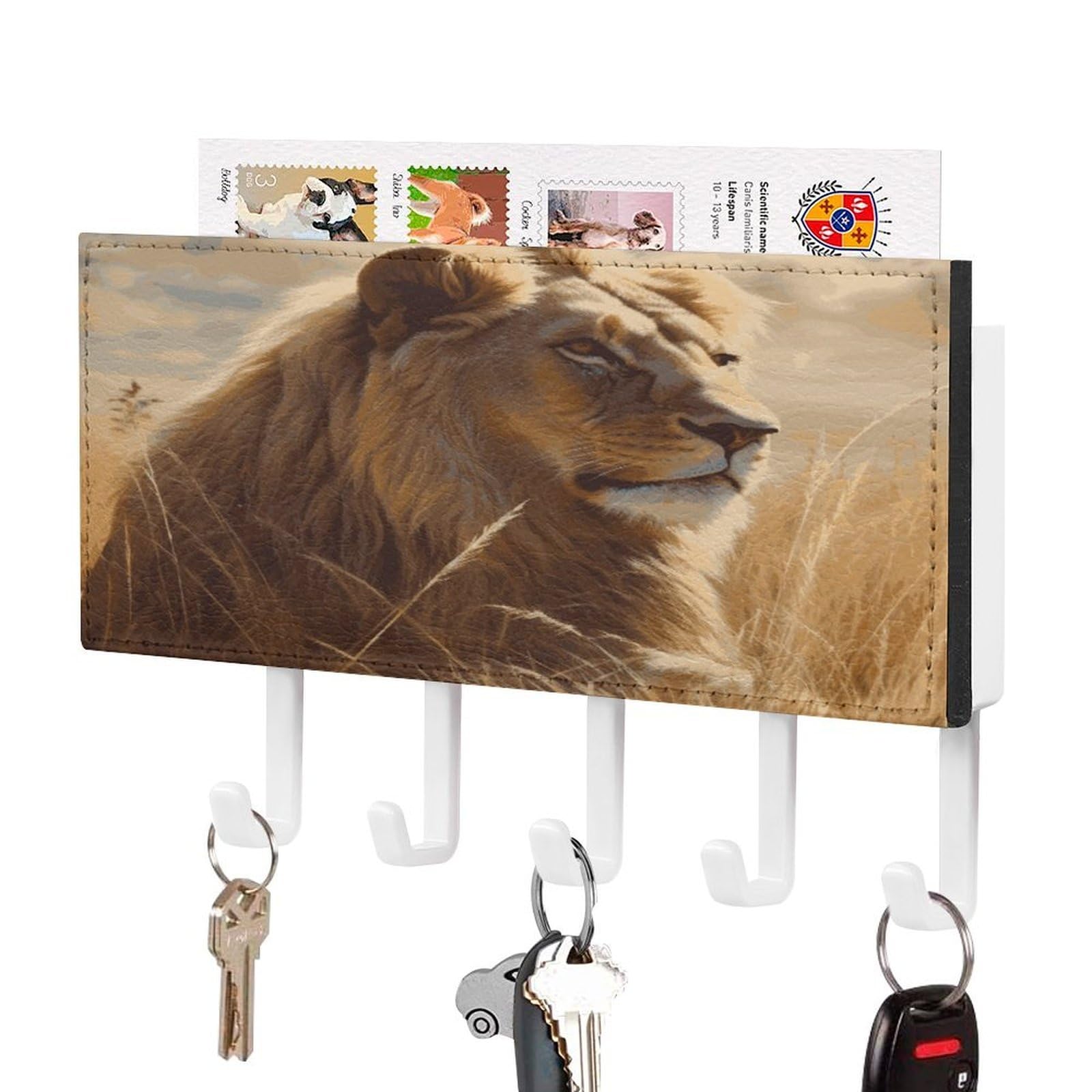 JTREHY Prairie Lion Key Holder Wall Mount Decorative Key and Mail Holder PU Leather Adhesive Key Organizer Hanging Key Hooks Wall Shelf with 5 Hooks for Entryway Hallway Office