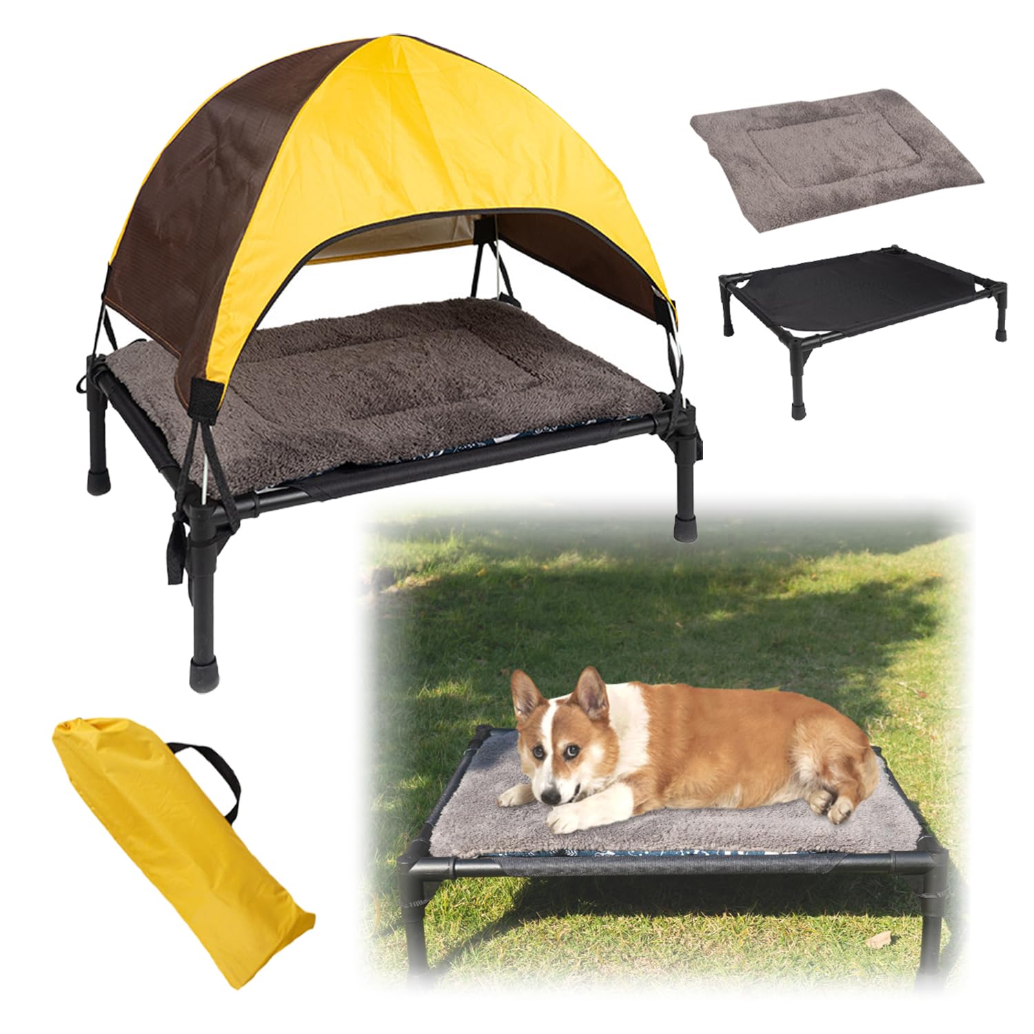 Cuccia Rialzata Per Cani Da Esterno Con Tetto,Lettino Per Cani,Protezione Dal Sole Su Tre Lati Con Piedi Antiscivolo,Include Cuscino e Sacca Di Stoccaggio,Per Campeggio,Giardino,Spiaggia e Piscina