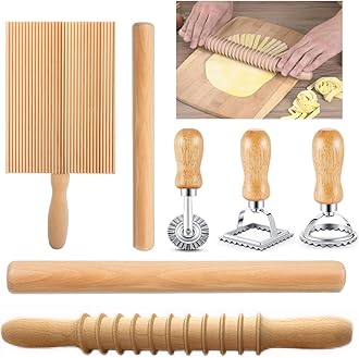7 Pcs Pasta Making Tool Set Include 1 Wooden Cutter 1 Rolling Pin 1 Gnocchi Board Wood with Roller 3 Ravioli Stamp Maker Cutter for Homemade Maker Kitchen Gift Idea(Pasta Style)