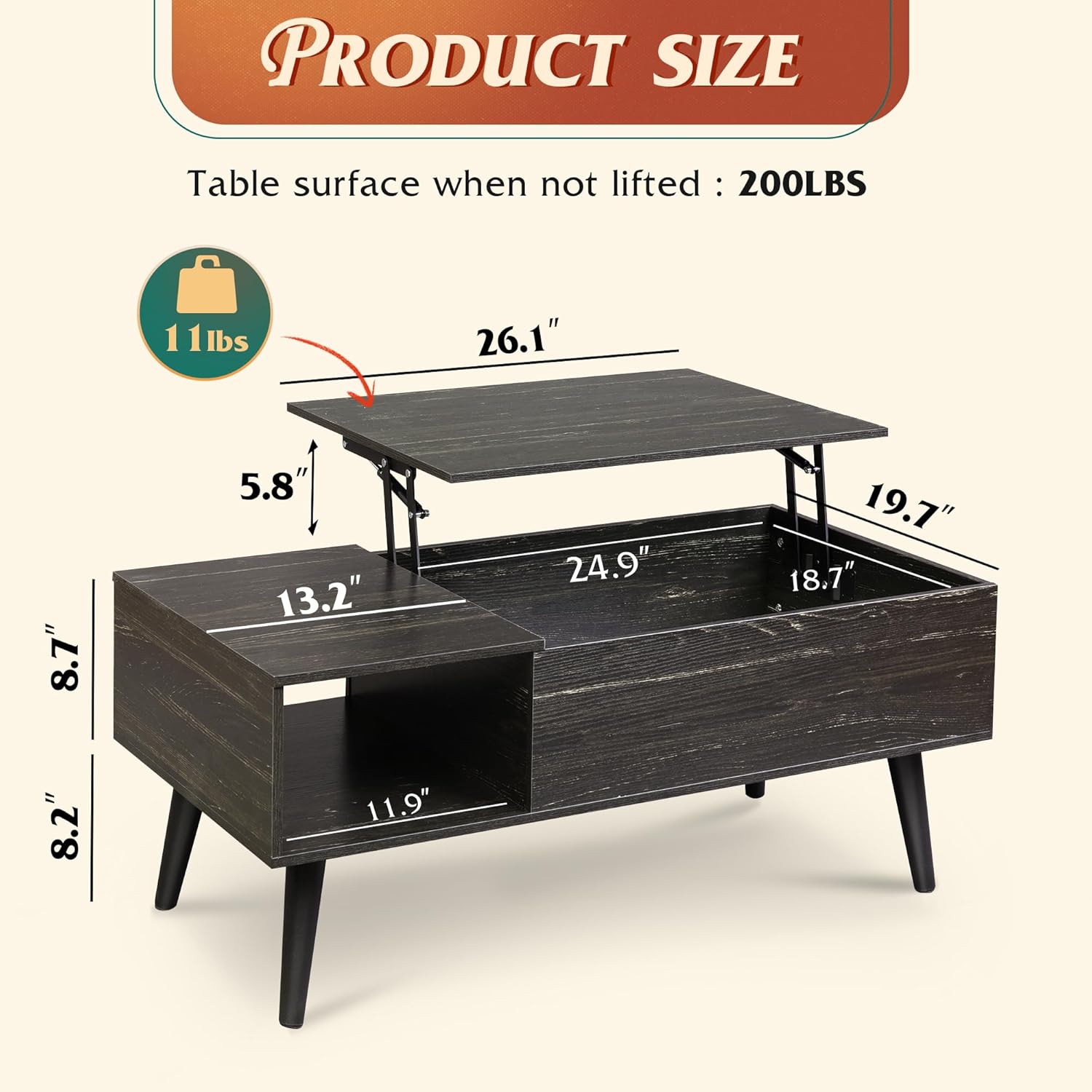 Diagram showing the dimensions and weight capacity of the WLIVE PLCT038 coffee table.