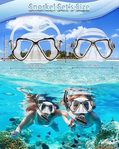 Miniatura 13 de Equipo de esnórquel para adultos y niños, juego de esnórquel en seco, lente panorámica de vidrio templado antifugas y antivaho. Juego de esnórquel
