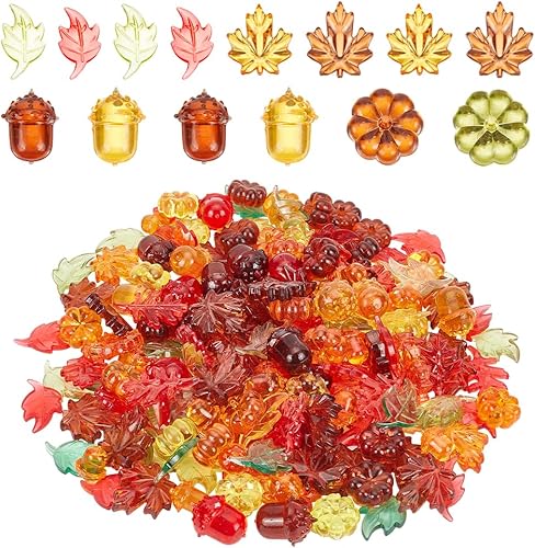 NBEADS Hojas acrílicas de 17.64 oz de hojas acrílicas de calabaza, hojas de arce de bellotas, cuentas acrílicas transparentes, gemas de relleno para