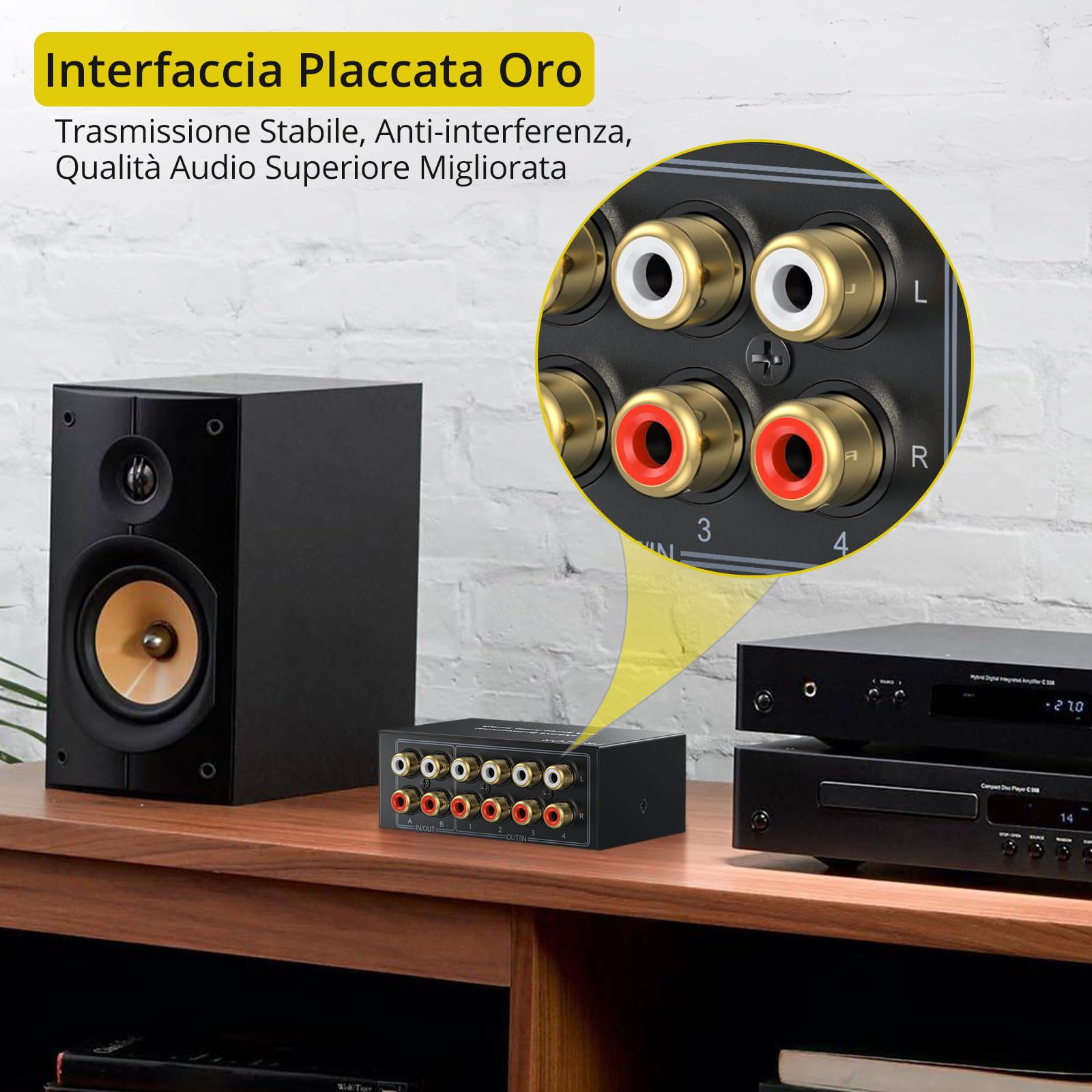 PROZOR Commutatore Audio RCA Bidirezionale 4x2 / 2x4 con 1.5m Cavo RCA Dorato Selettore Stereo L/R con Pulsante OFF, Stereo Audio Switch Bidirezionale per TV, Console, Amplificatore, Lettore DVD