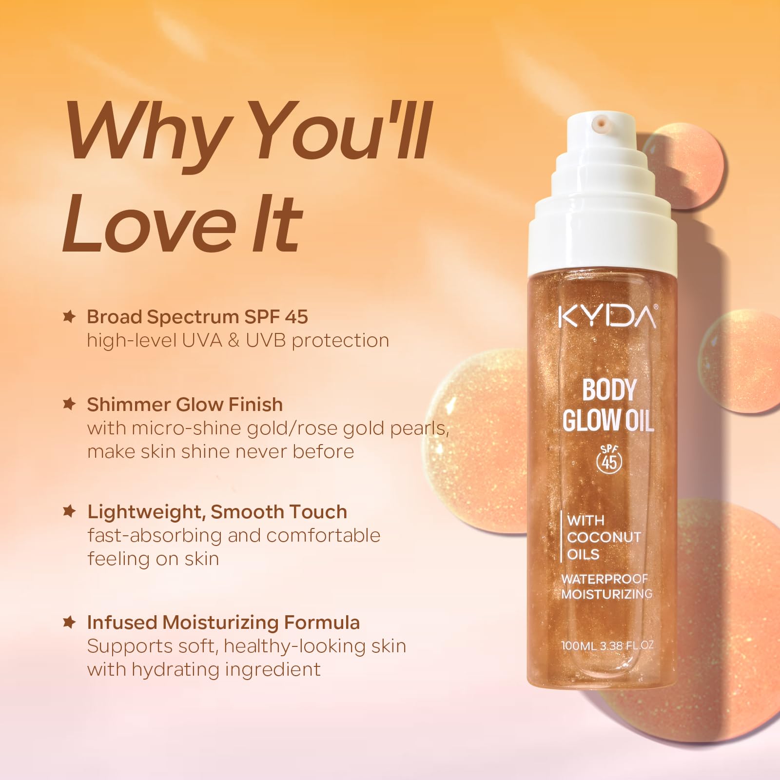 KYDA Body Glow Oil, olio ad ampio spettro SPF 45, crema solare, formula idratante con cocco, bagliore radiante, impermeabile, resistente al sudore, protezione UV, 3,38 fl.oz, oro (ambra)