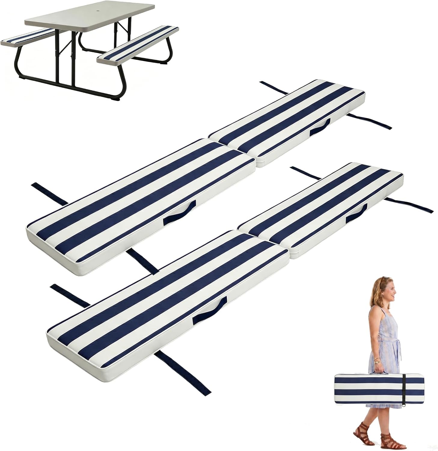 Picnic Table Bench Cushions Outdoor 2 Pack, Outside Foam Picnic Seat Cushions with Velcro, Portable Handle, Removable Fabric Cover with Zipper, Fade & Wate Resistant,72" X 12" X 2", Gray