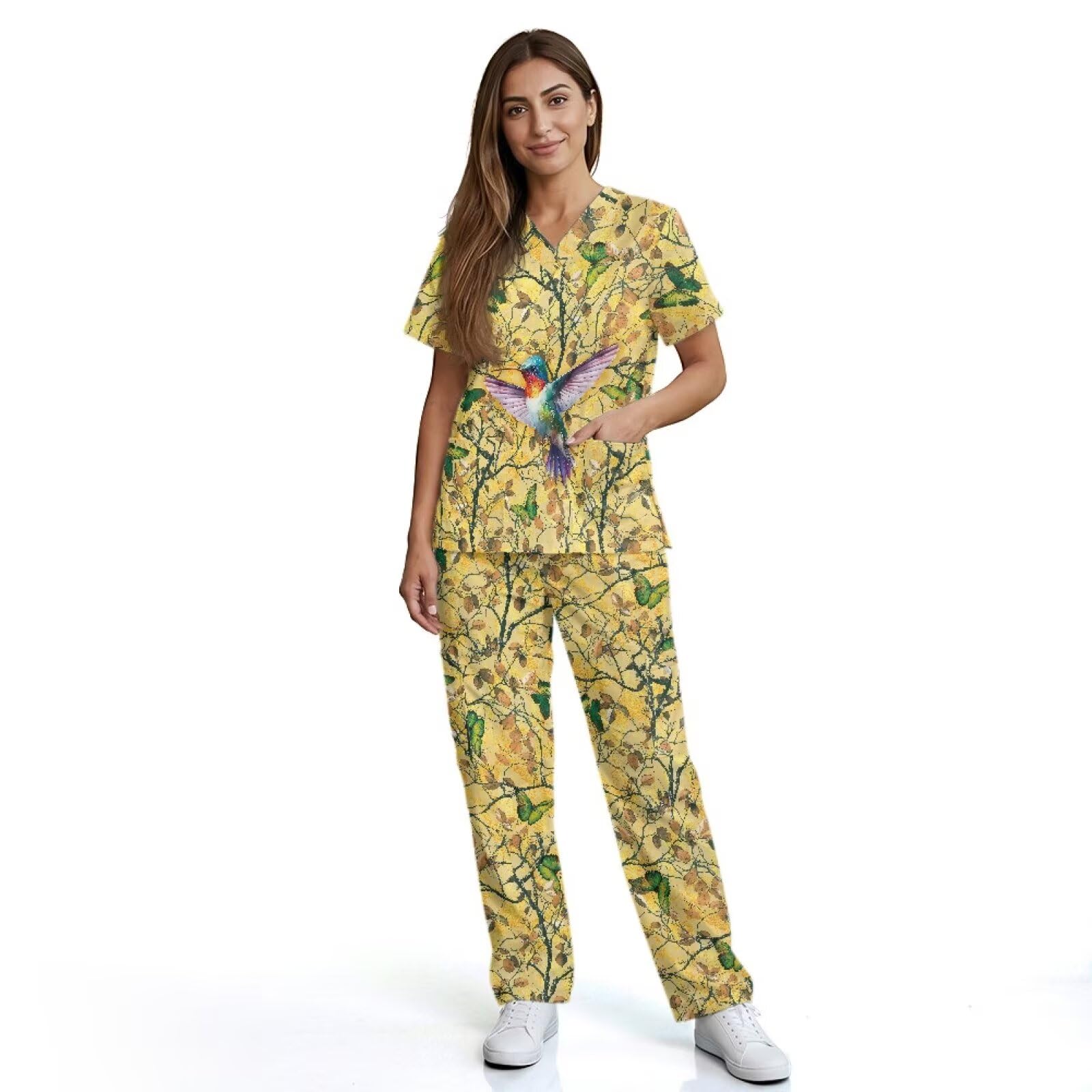 Hummingbird damskie zestawy peelingowe slim fit medyczne peelingi z elastyczną talią spodnie z szerokimi nogawkami żółty, asystent medyczny Essentials