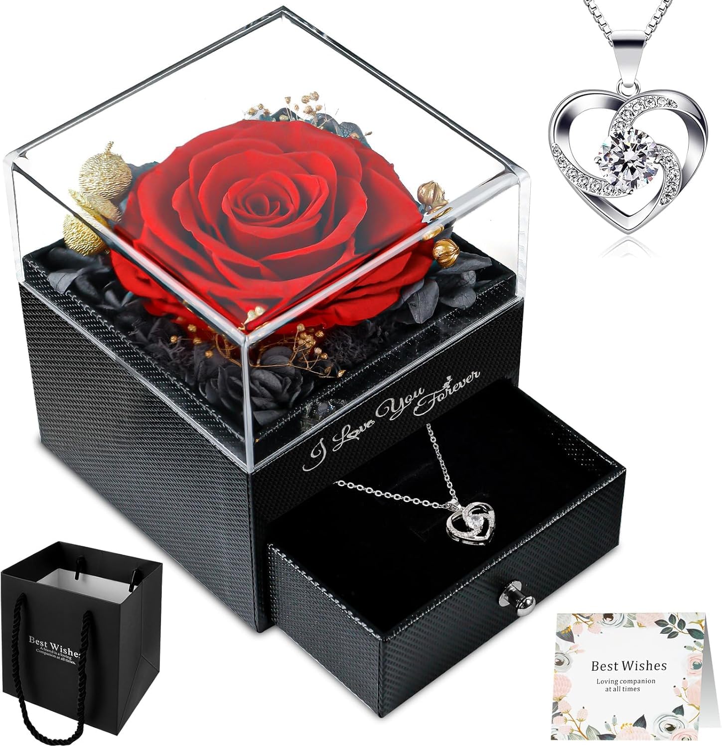 LuluDa Eternal Rose Flowers Red Preserved Real Rose with Necklace and Gift Box Forever Rose Gift for Her Mum Girlfriend Wife on Birthday Mother's Day Anniversary Valentine's Day and Christamas