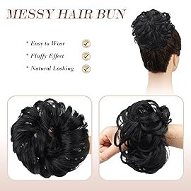 FESHFEN Large Jet Black Synthetic Fiber Messy Bun Hair Piece, 1.94 oz