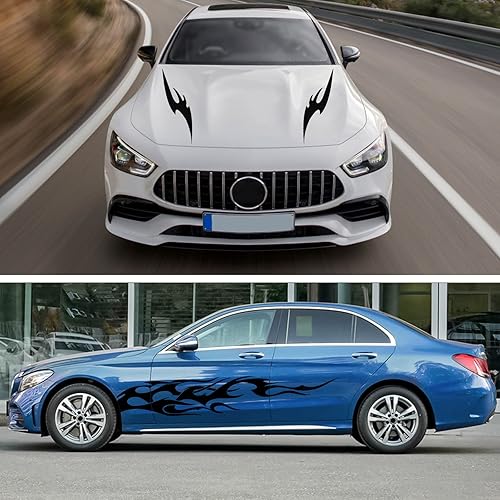 Miniatura 6 de 6 calcomanías de vinilo con diseño de llama para el lado del automóvil, diseño de rayas deportivas y capó de techo para todos los coches (negro)