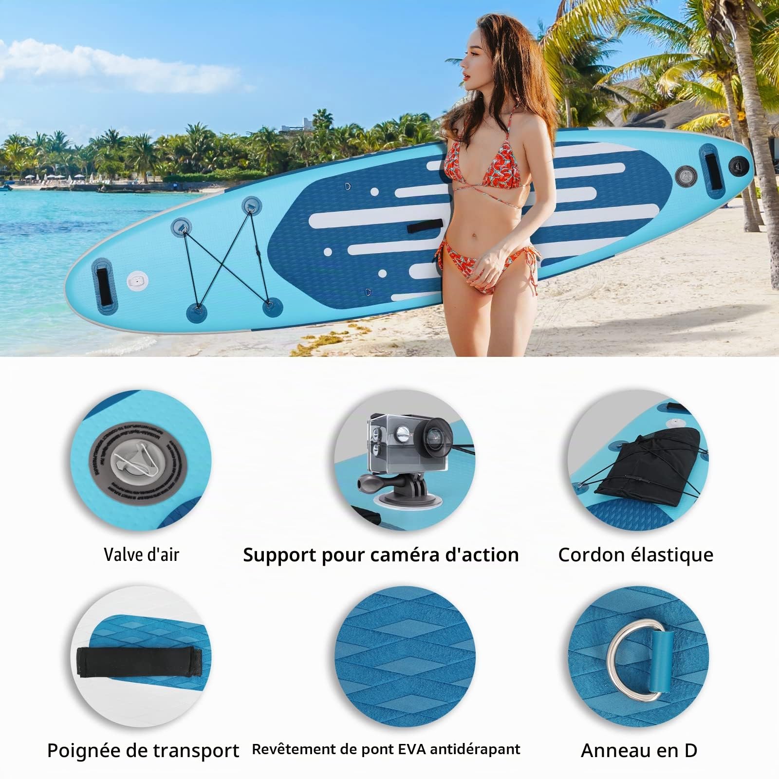 YU YUSING Pack Complet – Paddle Gonflable Adulte 335cm, Planche Stand up Paddle Gonflable 2 Personnes, Sac à Dos, Siège Kayak, Pagaie Aluminium, Support Caméra, Pompe, Tous Niveaux, jusqu'à 150 kg
