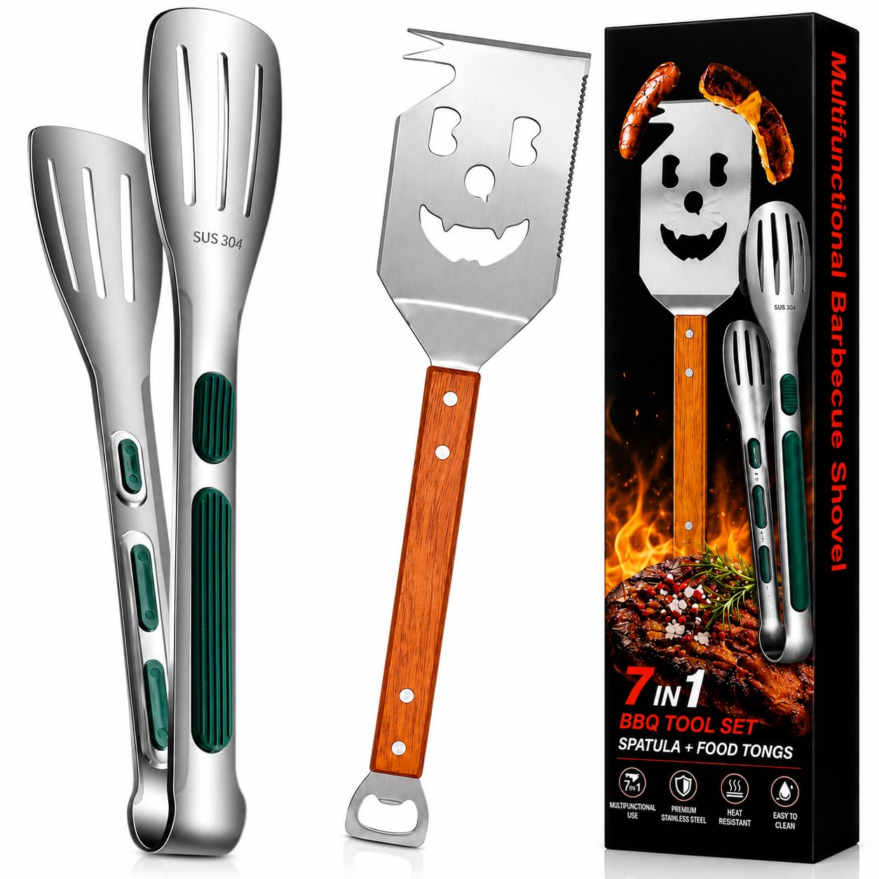 7-in-1 MultiFunction BBQ Tool with Food Tongs | Stainless Steel Grill Spatula with Wooden Handle & Silicone Grip Tongs | Non-Stick, Camping & Outdoor Cooking Tools for BBQ, Grilling, Frying & Baking