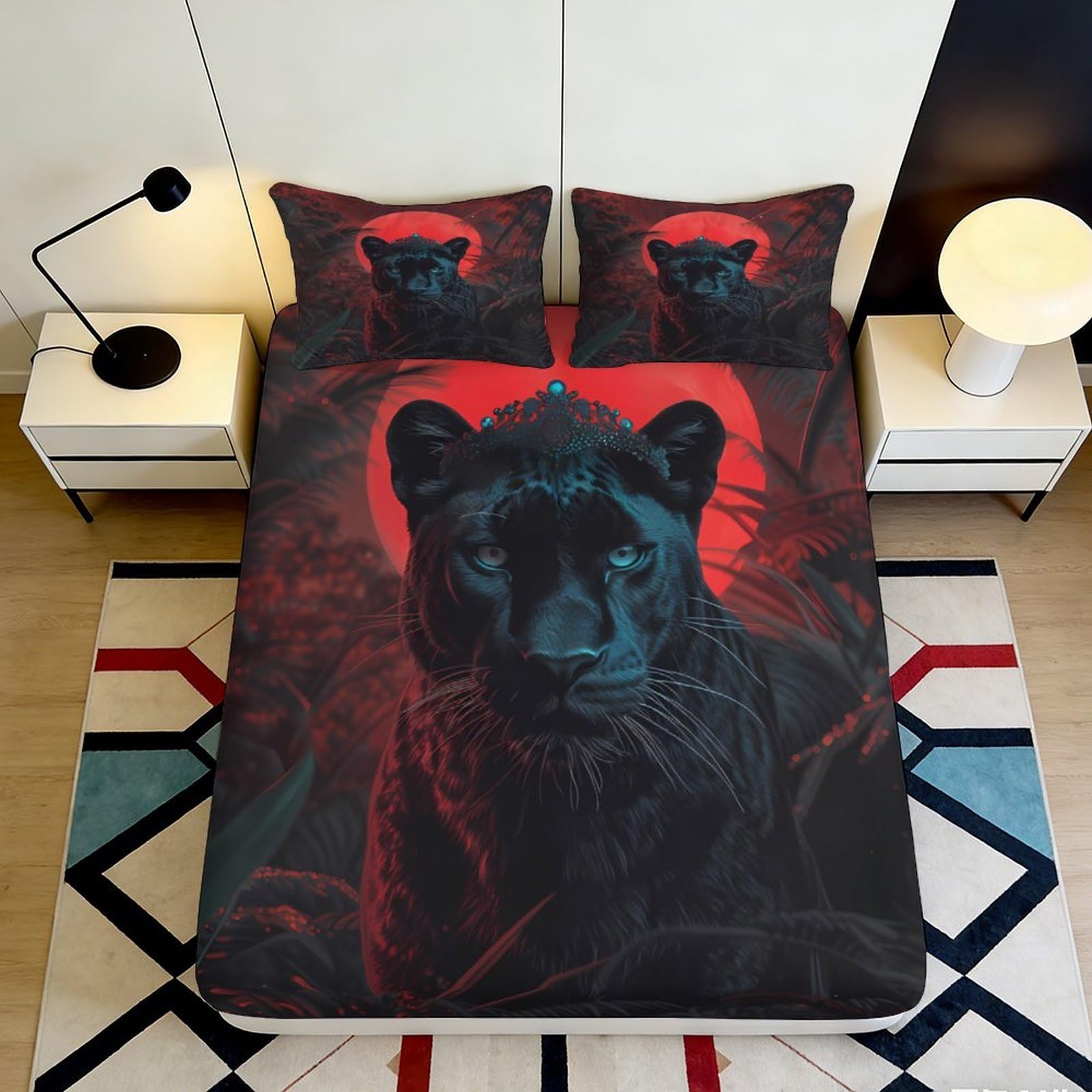 3D Printed Panther Shadow Fitted Sheet Microfiber Soft Red Abstract Jungle Mattress Cover for Bedroom Dorm Decor 90x200x25cm