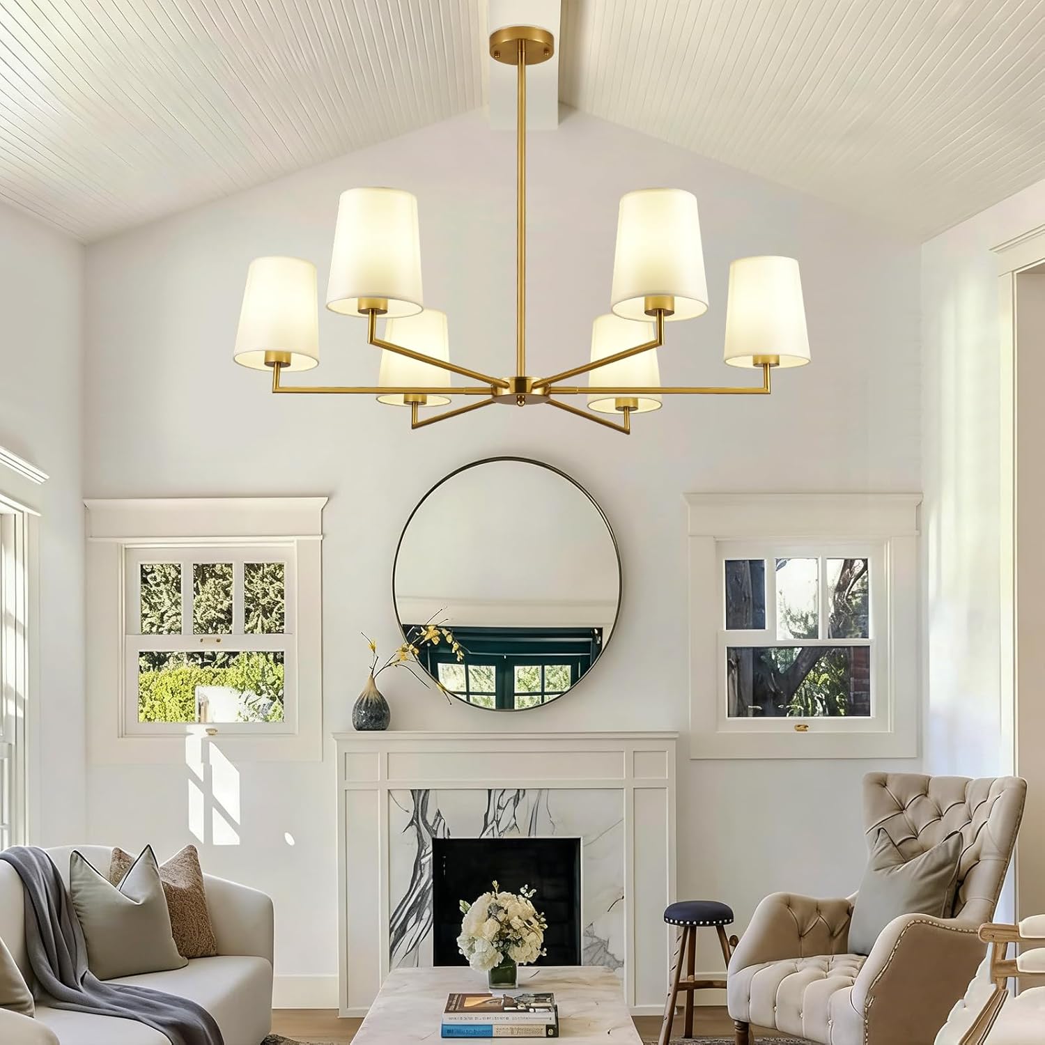 38" Brushed Gold Chandeliers for Dining Room:6-Light Modern Farmhouse Chandelier, Brass Candle Style Hanging Light Fixture for Living Room Bedroom Kitchen Island Not Included