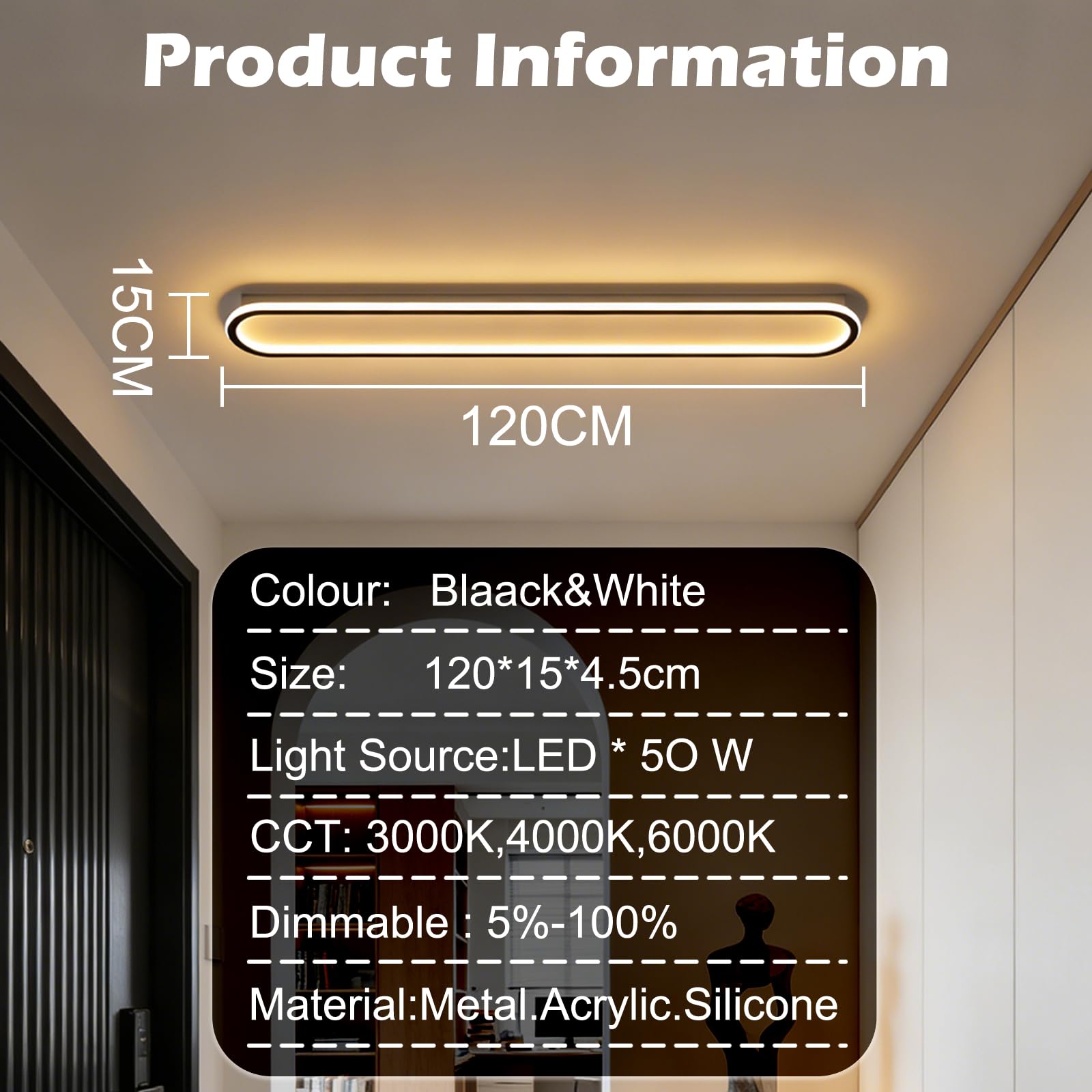 LED Deckenleuchte Lang 120CM mit Fernbedienung, 50W 4000lm, Schwarz | Deckenlampe Dimmbar, 3000K-6000K Lichtfarbe, 5%-100% Helligkeit, Flache Bauhöhe, Metallgehäuse für Flur, Küche