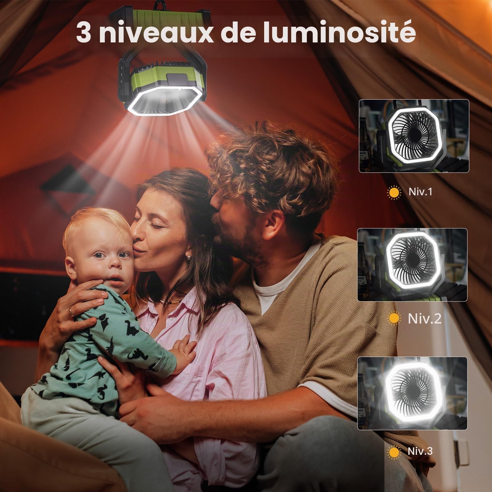 Ventilateur de Camping Portable avec Lumière LED, 4 Niveaux 20000 mAh avec Télécommande et Crochet Ventilateur de Table USB Silencieux pour Pêche, Pique-Nique, Barbecue, Randonnée