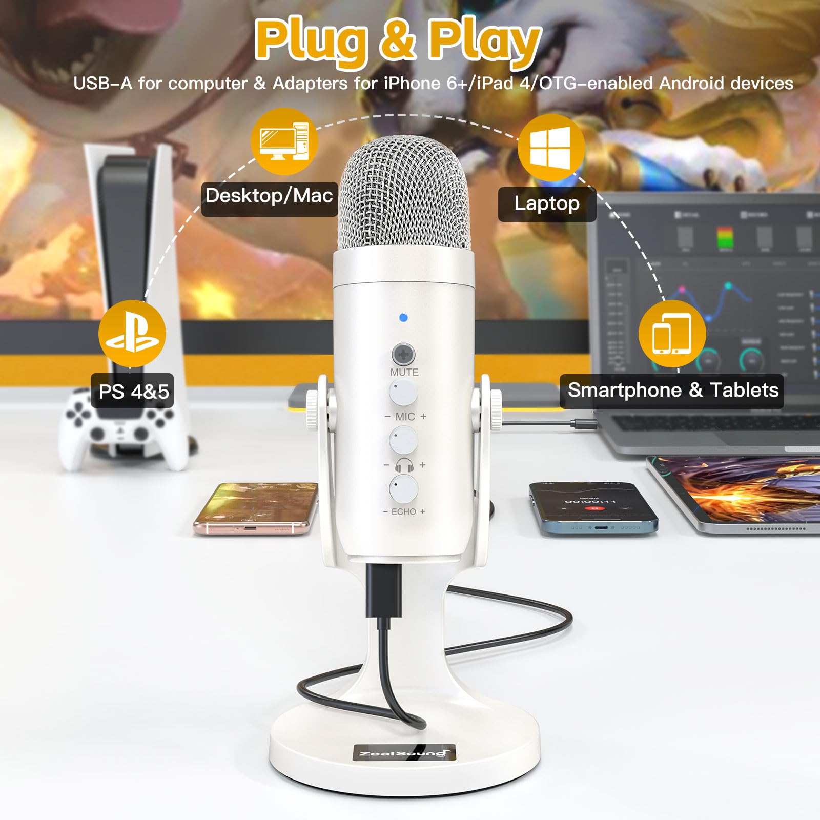 Zealsound USB Podcast Microphone with Noise Reduction, Mute, Echo & Gain, Works with PC, Mac, iPhone, Android, PS4/PS5 - Image 3