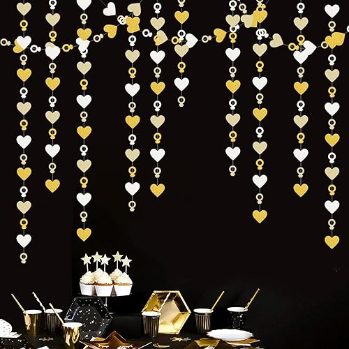 Miniatura 6 de Decoraciones de Fiesta de Despedida de Soltera de Compromiso Guirnalda Blanco-Dorado - Banderines de Papel con Corazón y Anillo de 52 Pies para