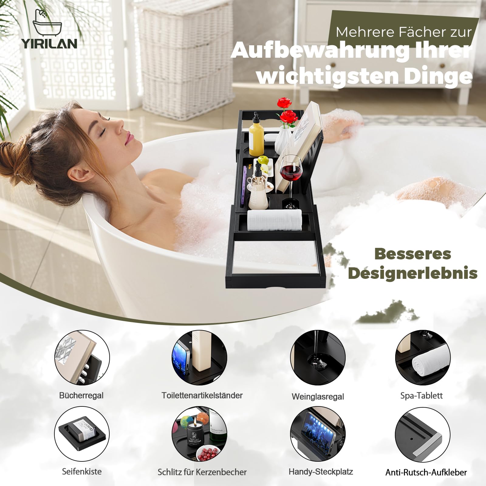 Faltbares Badewannentablett, Einziehbares Und Verstellbares Badewannentablett, Multifunktionales Badezimmertablett Mit BuchstüTzen, Seifenhalter, Handtuchhalter Und Weinglashalter, Schwarz