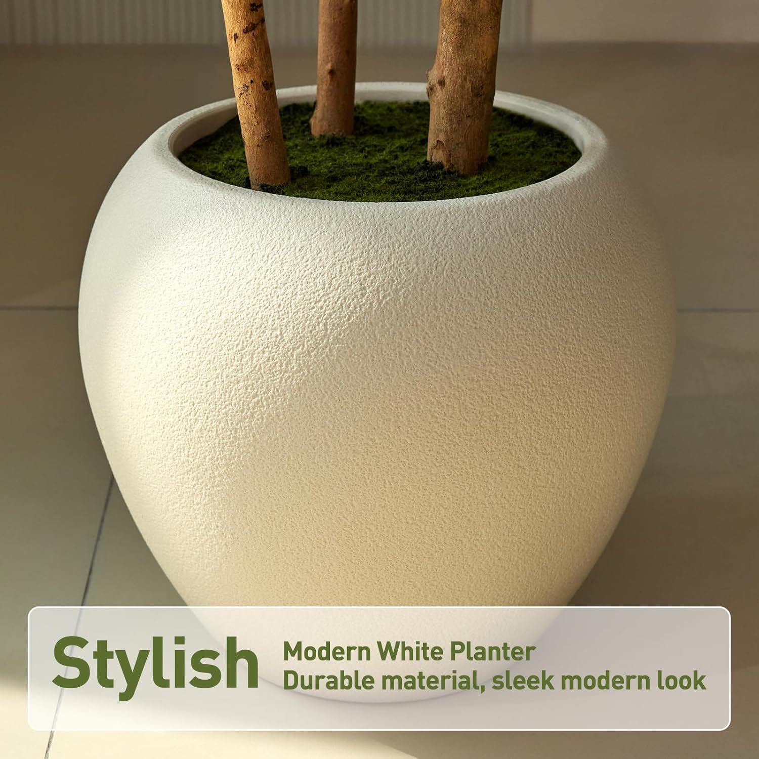 6FT Artificial Fiddle Leaf Fig Tree with White Planter - Tall Fake Tree, 3 Real Wood Trunks, Real Moss Pot, Artificial Plants Indoor Faux Tree for Home Living Room Office Decor, VN244